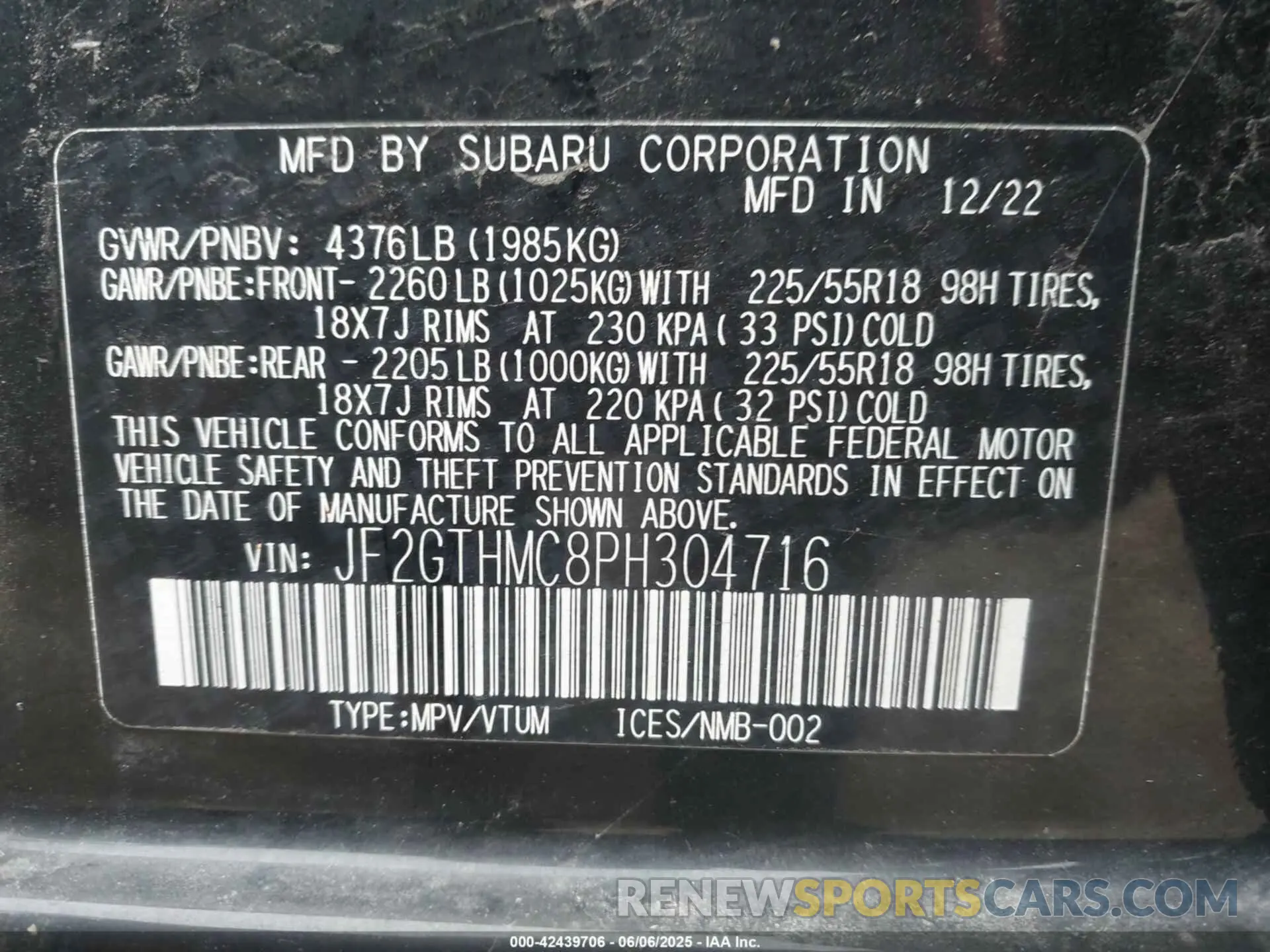 9 Photograph of a damaged car JF2GTHMC8PH304716 SUBARU CROSSTREK 2023