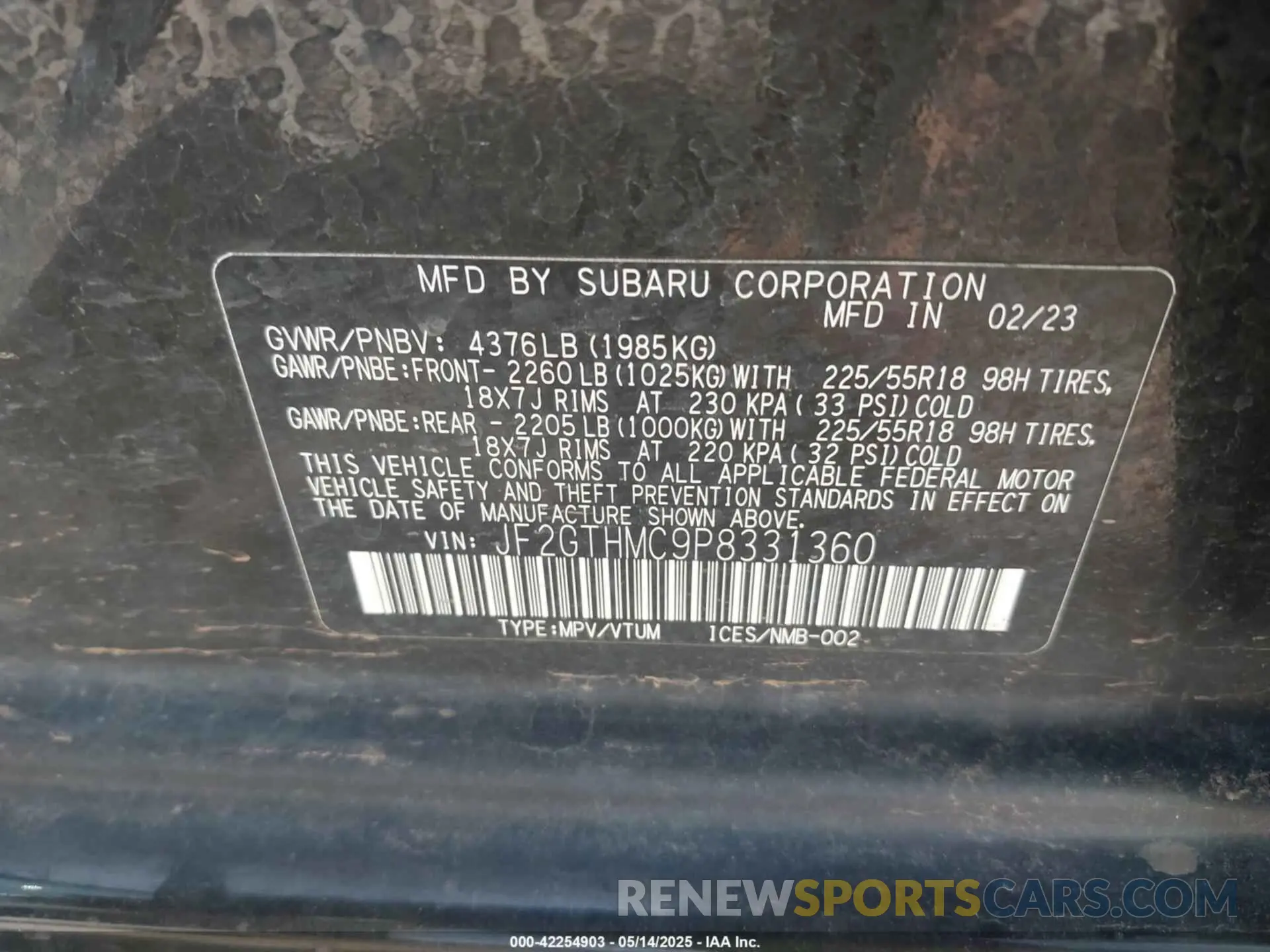 9 Photograph of a damaged car JF2GTHMC9P8331360 SUBARU CROSSTREK 2023