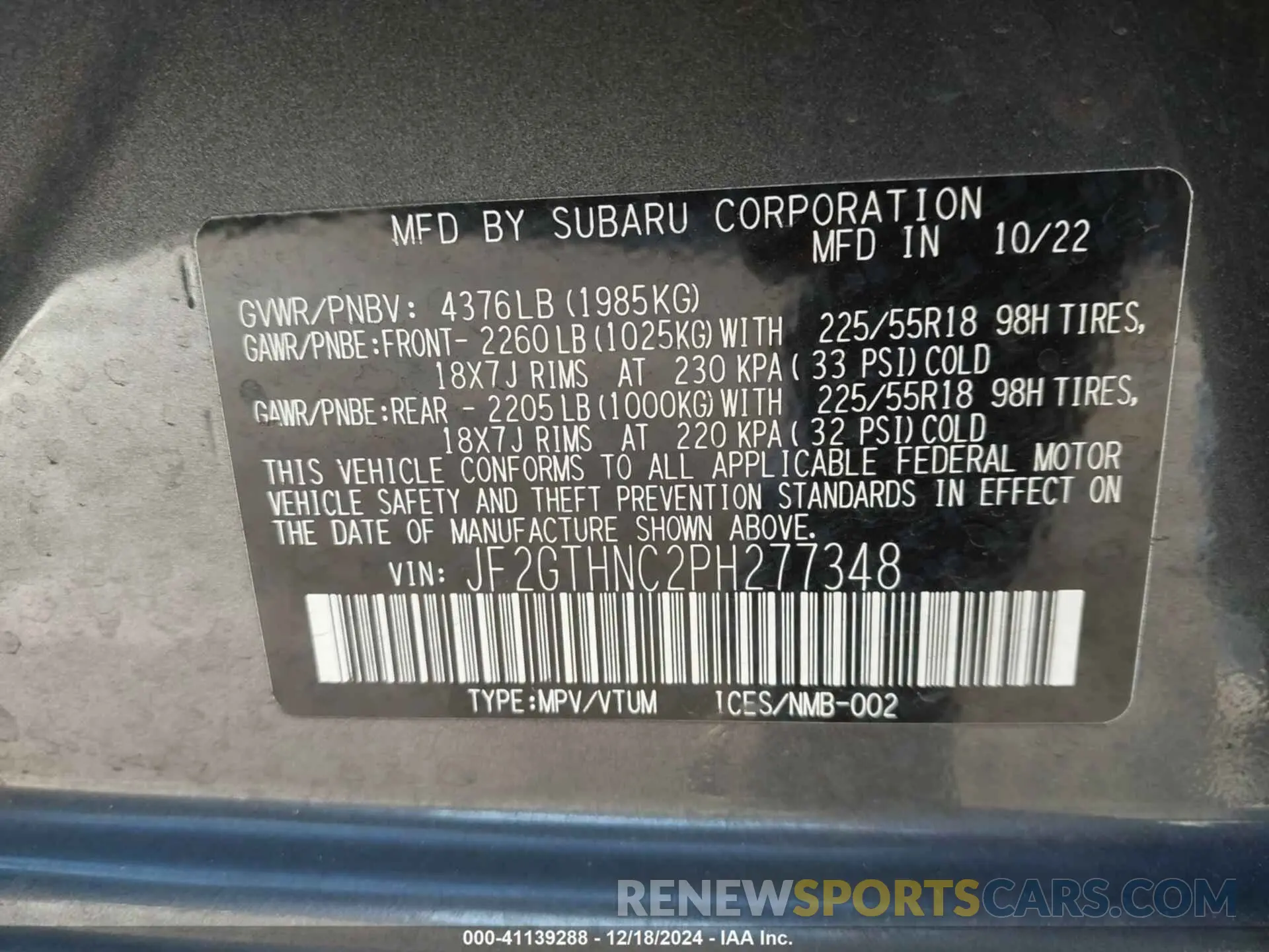 9 Photograph of a damaged car JF2GTHNC2PH277348 SUBARU CROSSTREK 2023