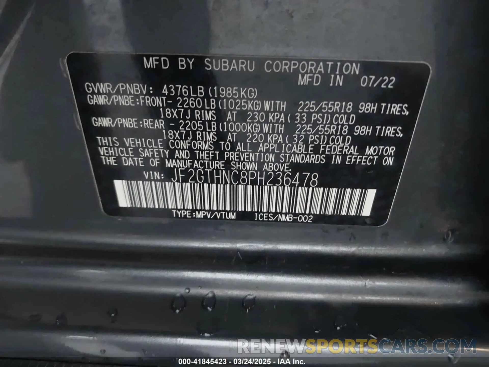 9 Photograph of a damaged car JF2GTHNC8PH236478 SUBARU CROSSTREK 2023