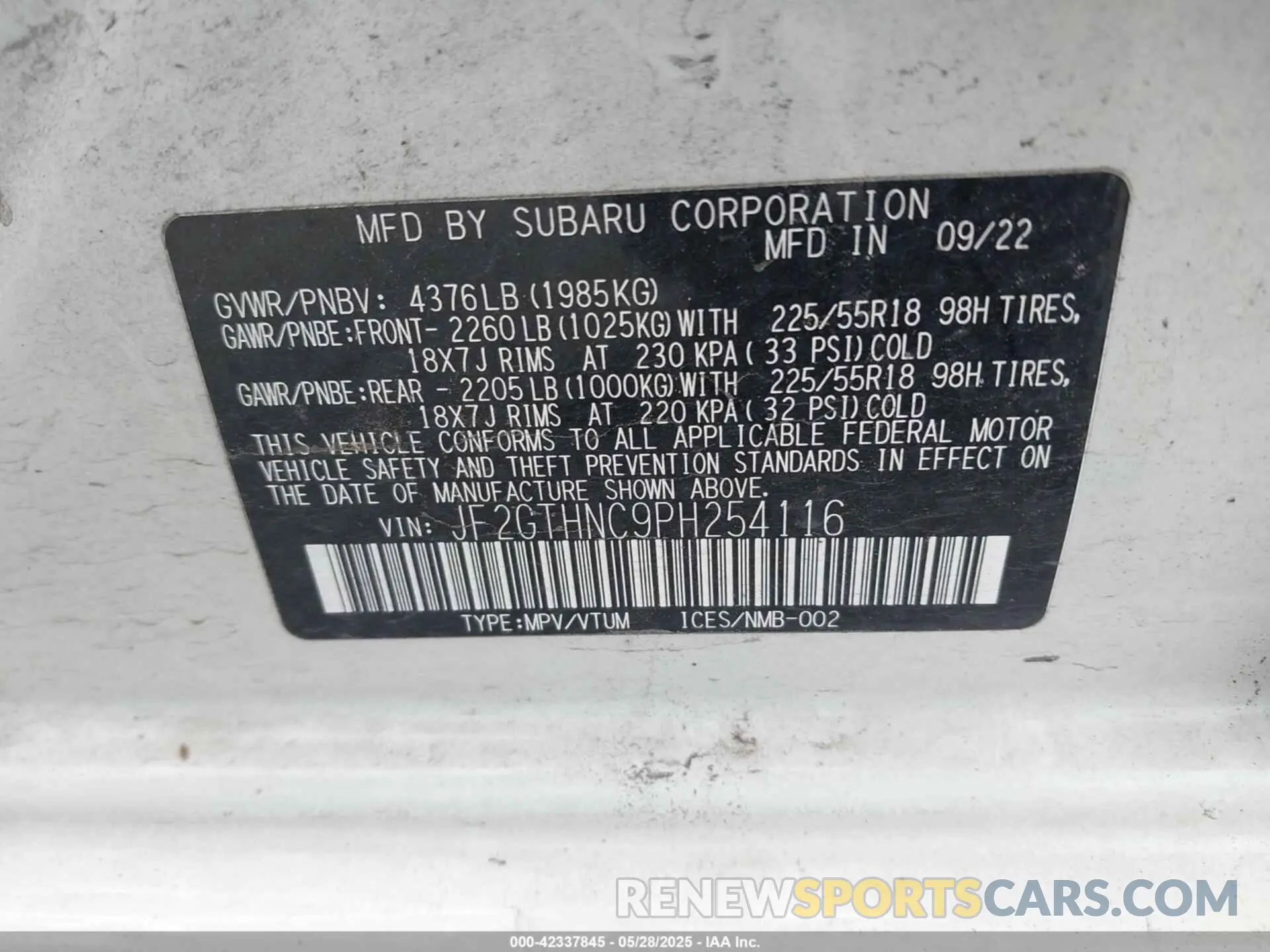 9 Photograph of a damaged car JF2GTHNC9PH254116 SUBARU CROSSTREK 2023
