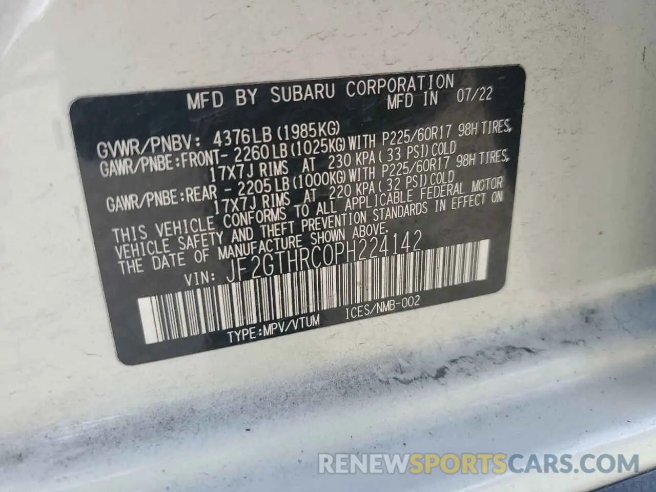 15 Photograph of a damaged car JF2GTHRC0PH224142 SUBARU CROSSTREK 2023