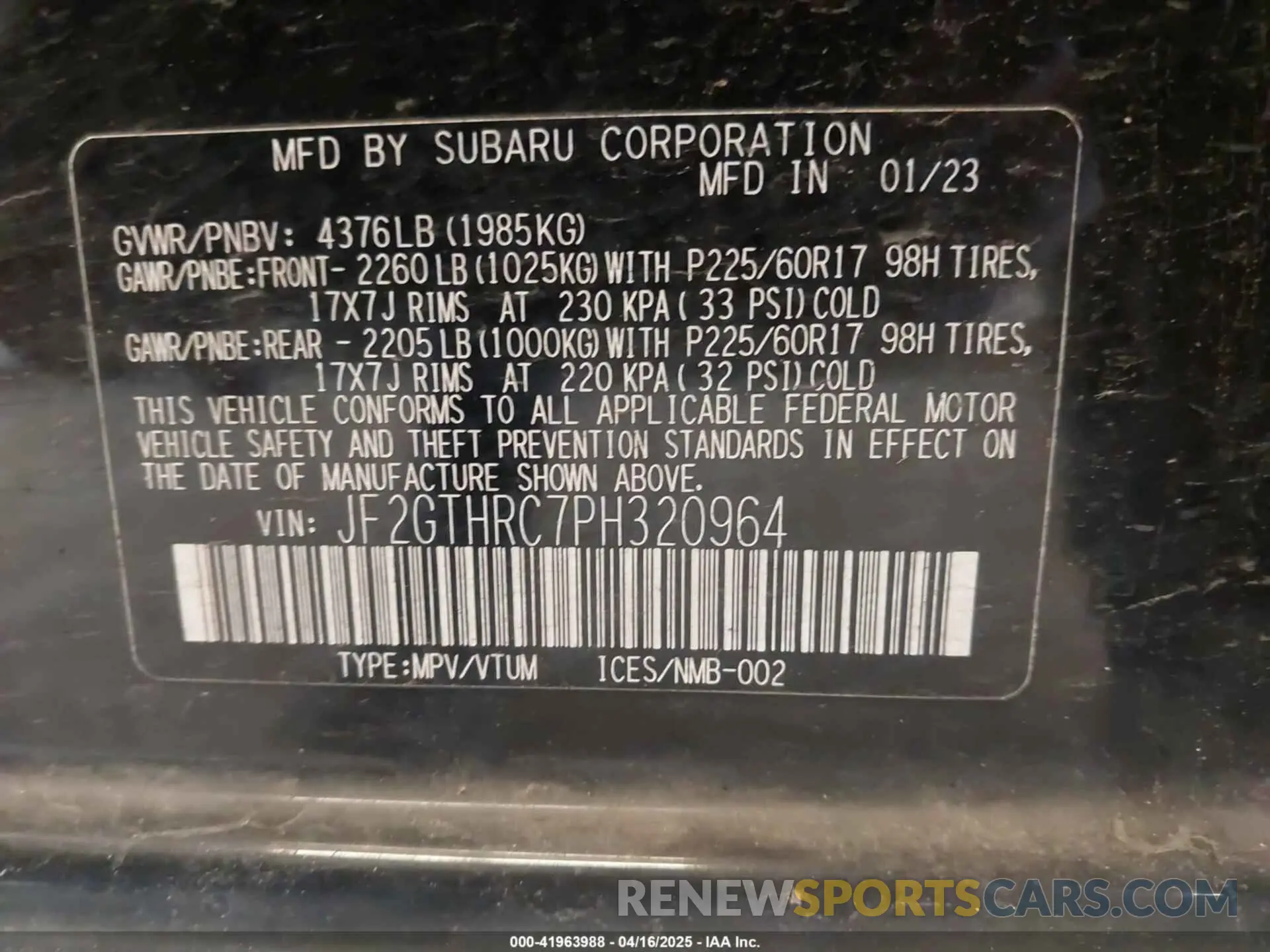 9 Photograph of a damaged car JF2GTHRC7PH320964 SUBARU CROSSTREK 2023