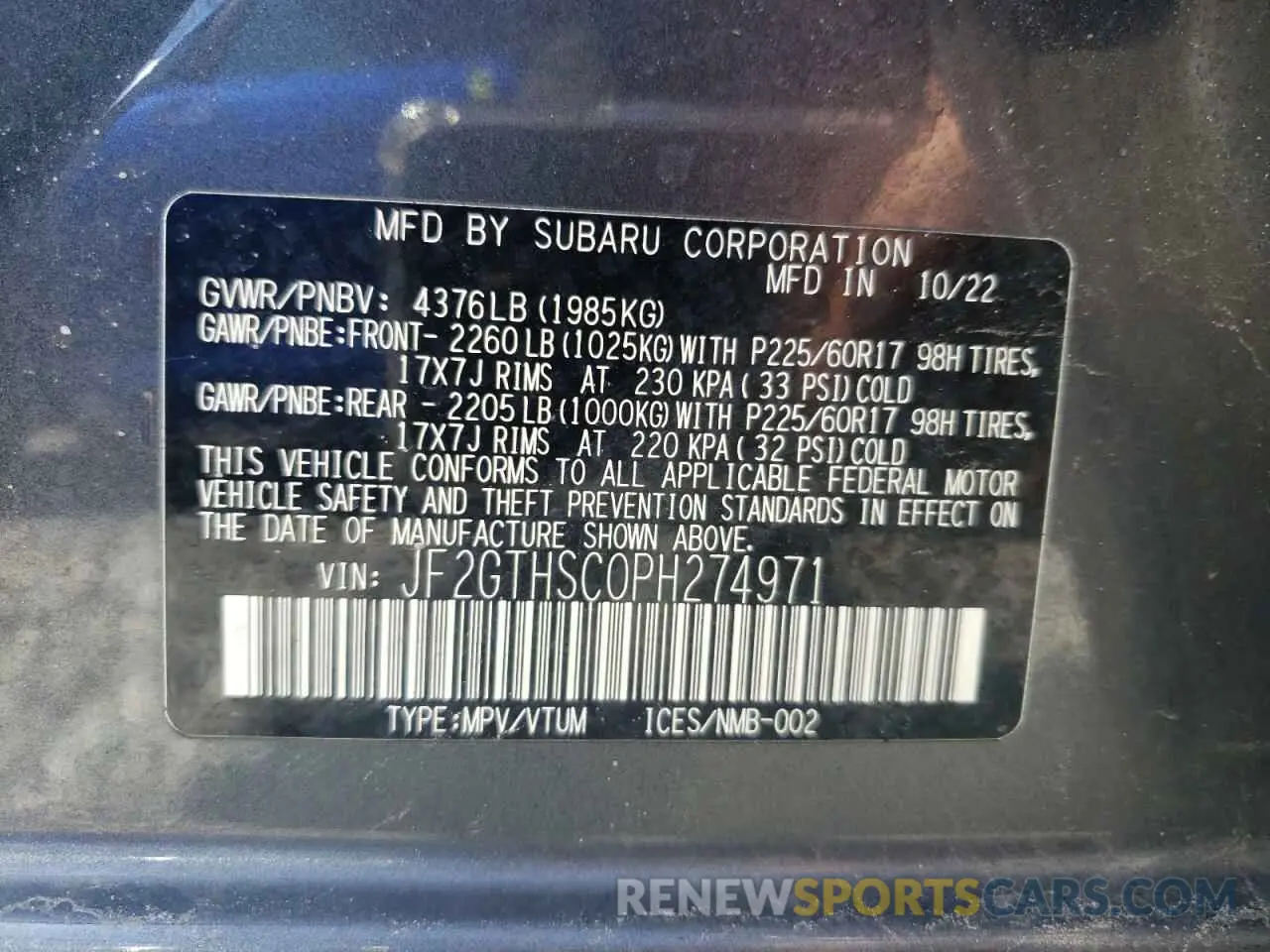 12 Photograph of a damaged car JF2GTHSC0PH274971 SUBARU CROSSTREK 2023