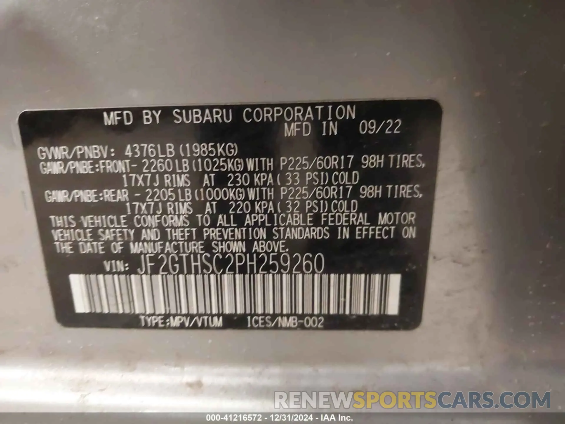 9 Photograph of a damaged car JF2GTHSC2PH259260 SUBARU CROSSTREK 2023