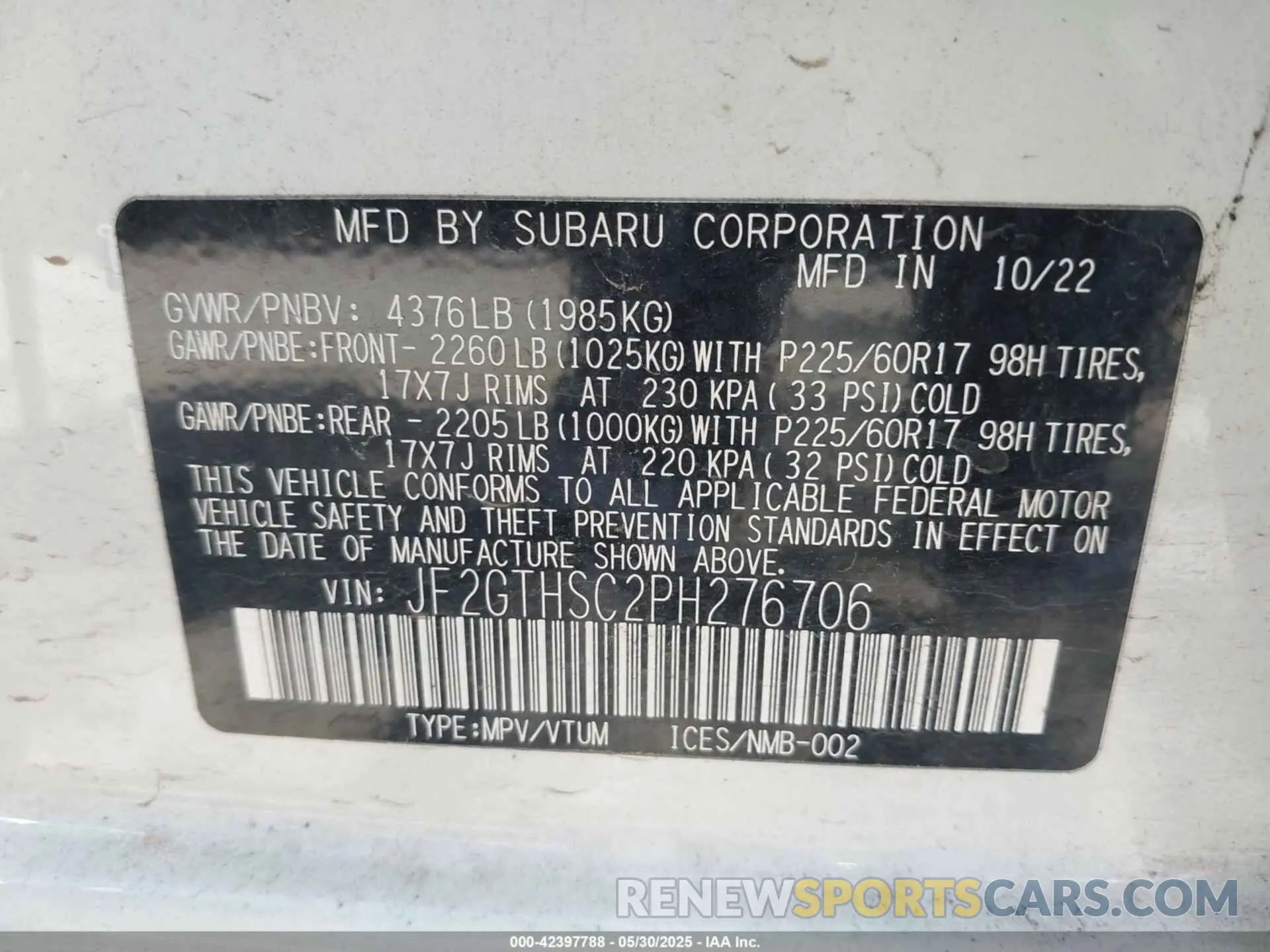 9 Photograph of a damaged car JF2GTHSC2PH276706 SUBARU CROSSTREK 2023