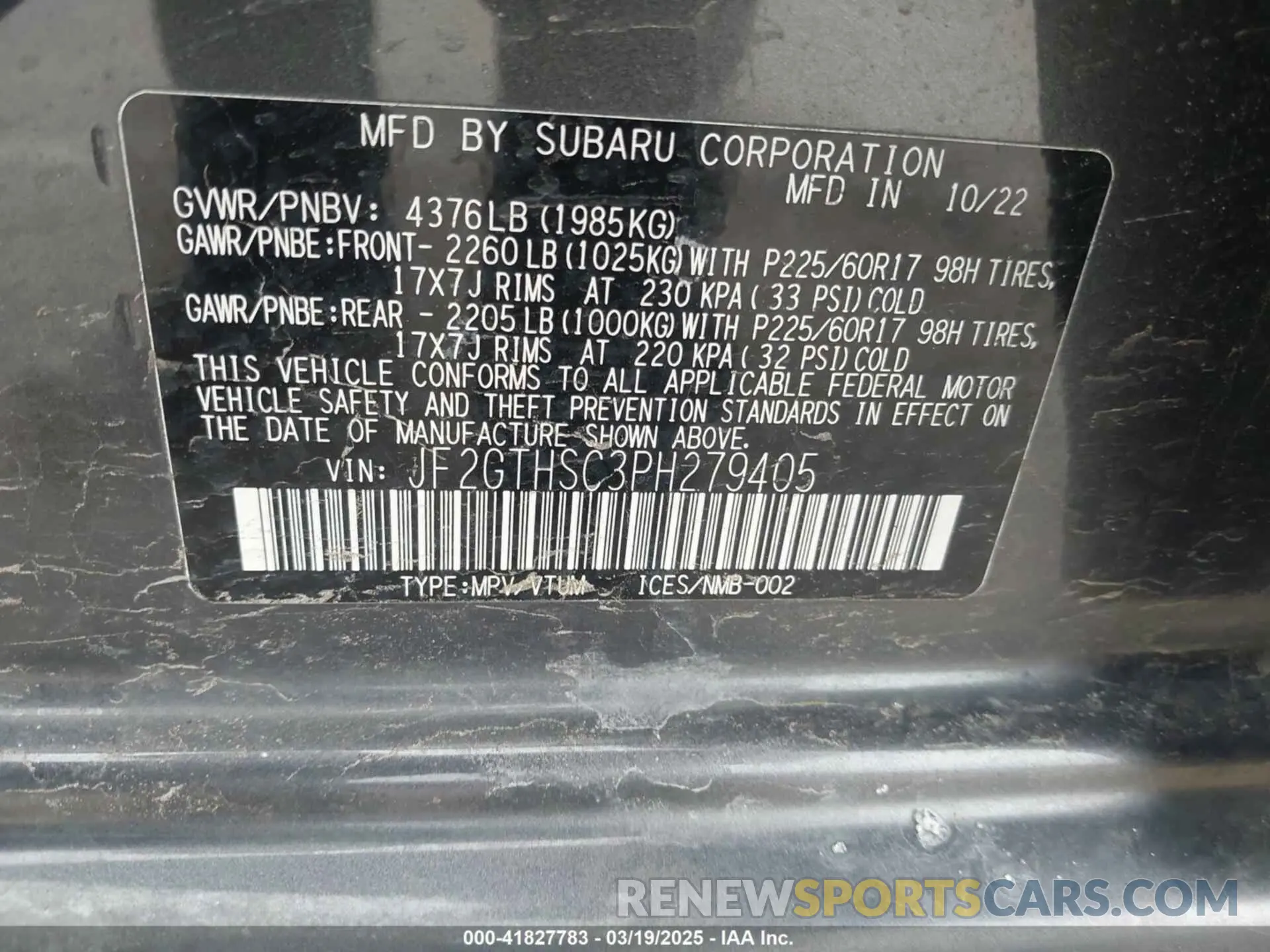 9 Photograph of a damaged car JF2GTHSC3PH279405 SUBARU CROSSTREK 2023