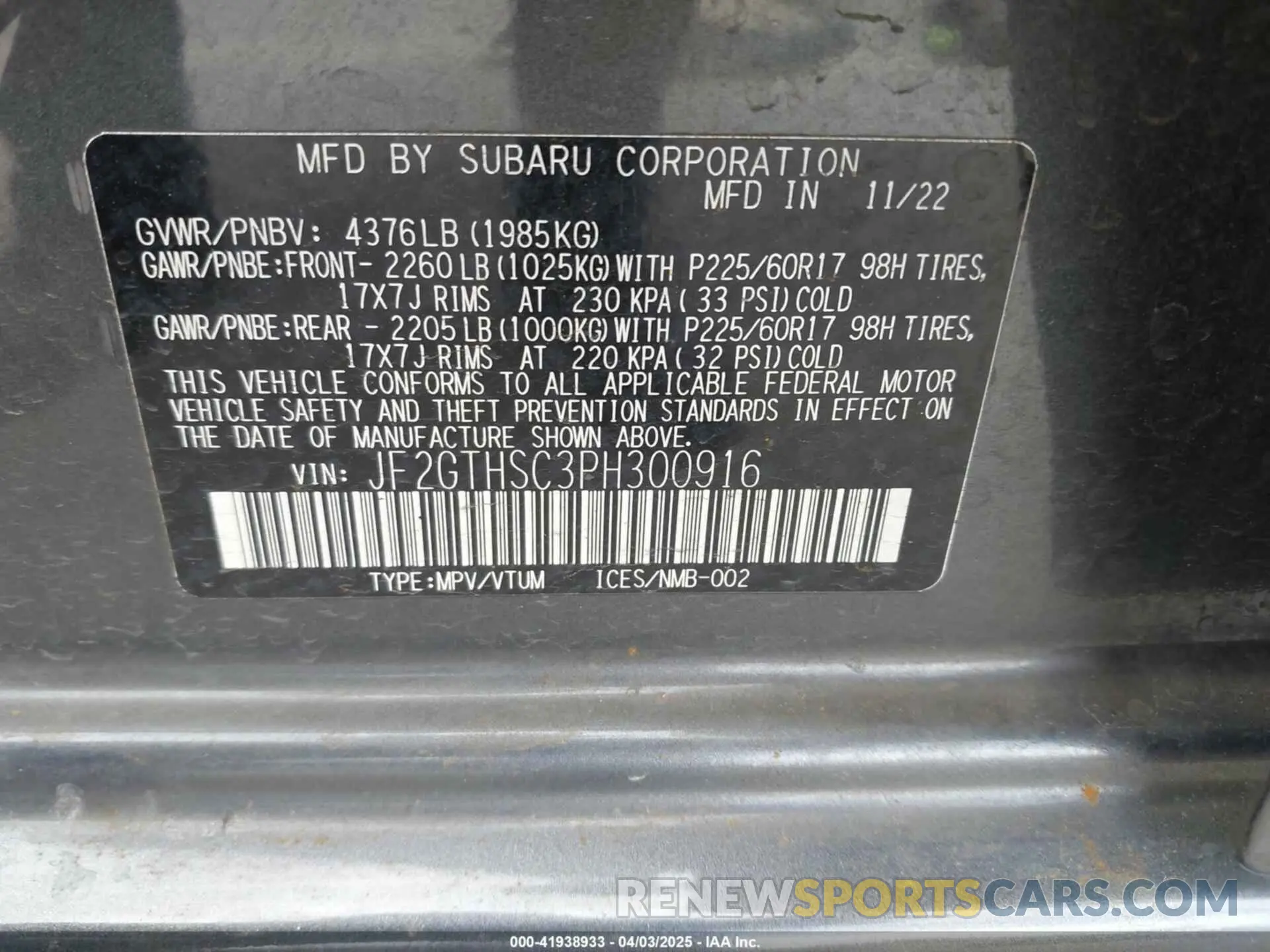 9 Photograph of a damaged car JF2GTHSC3PH300916 SUBARU CROSSTREK 2023