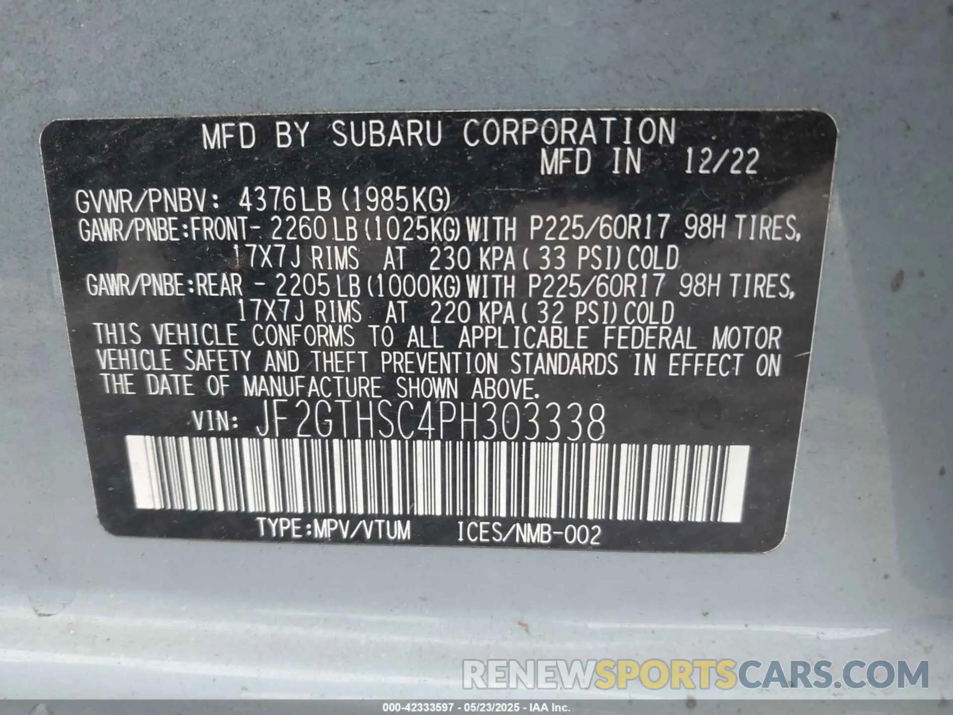 9 Photograph of a damaged car JF2GTHSC4PH303338 SUBARU CROSSTREK 2023