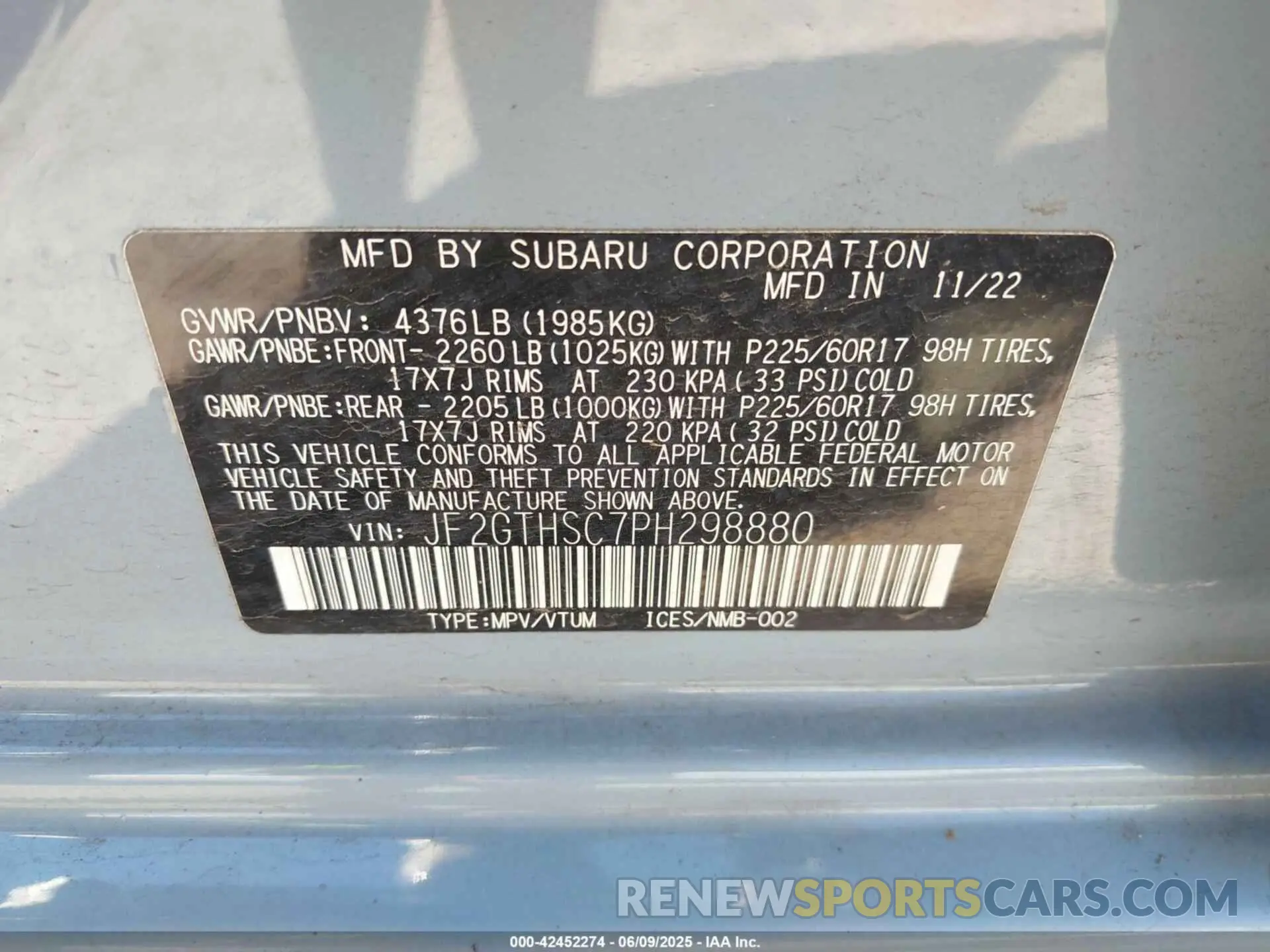 9 Photograph of a damaged car JF2GTHSC7PH298880 SUBARU CROSSTREK 2023