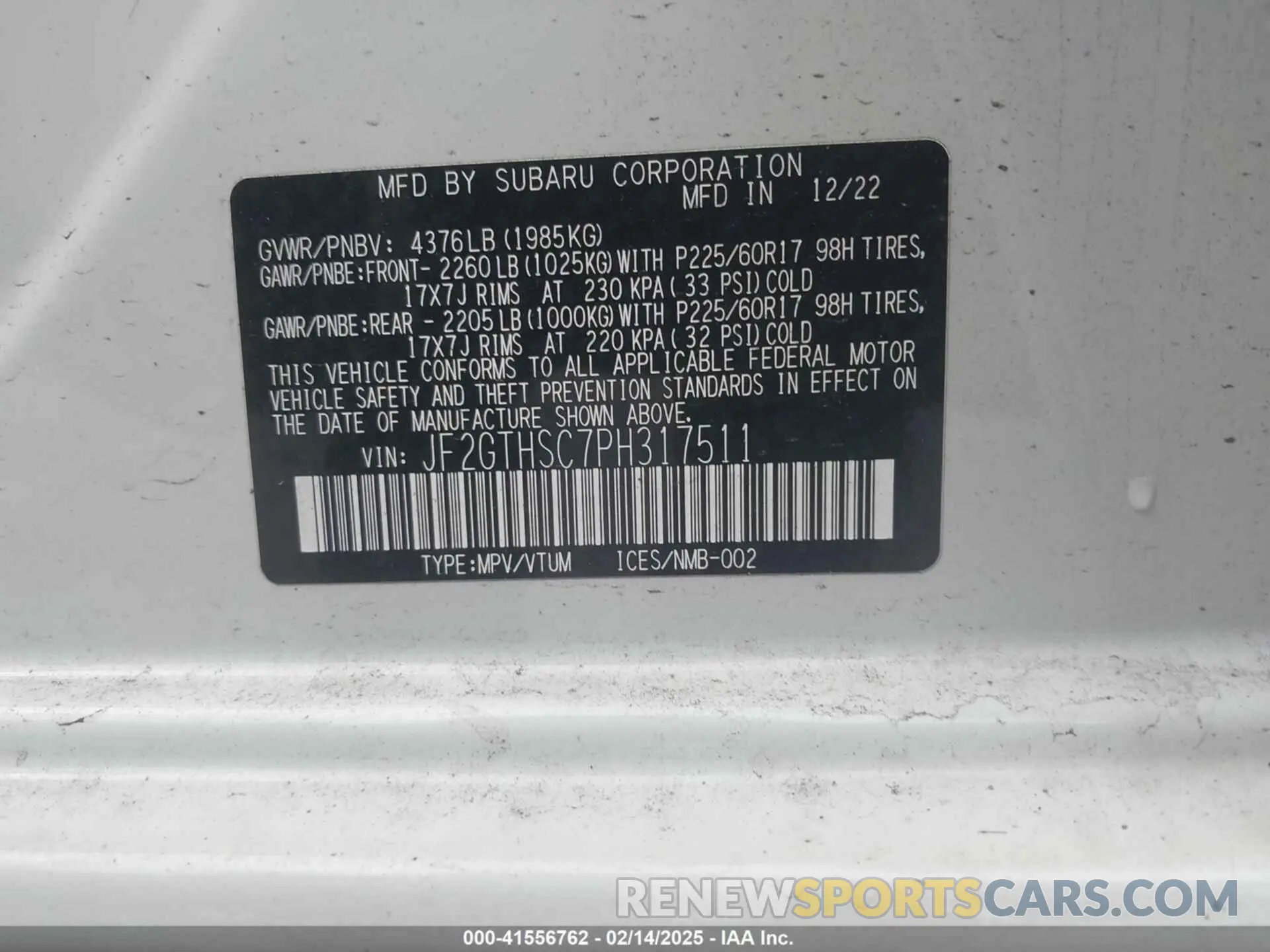 9 Photograph of a damaged car JF2GTHSC7PH317511 SUBARU CROSSTREK 2023