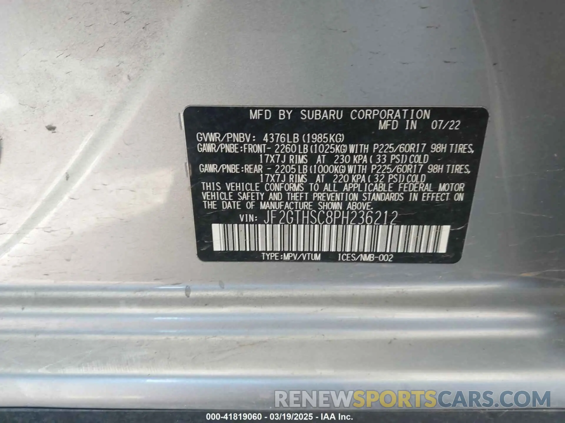 9 Photograph of a damaged car JF2GTHSC8PH236212 SUBARU CROSSTREK 2023