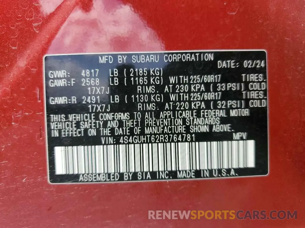 13 Photograph of a damaged car 4S4GUHT62R3764781 SUBARU CROSSTREK 2024