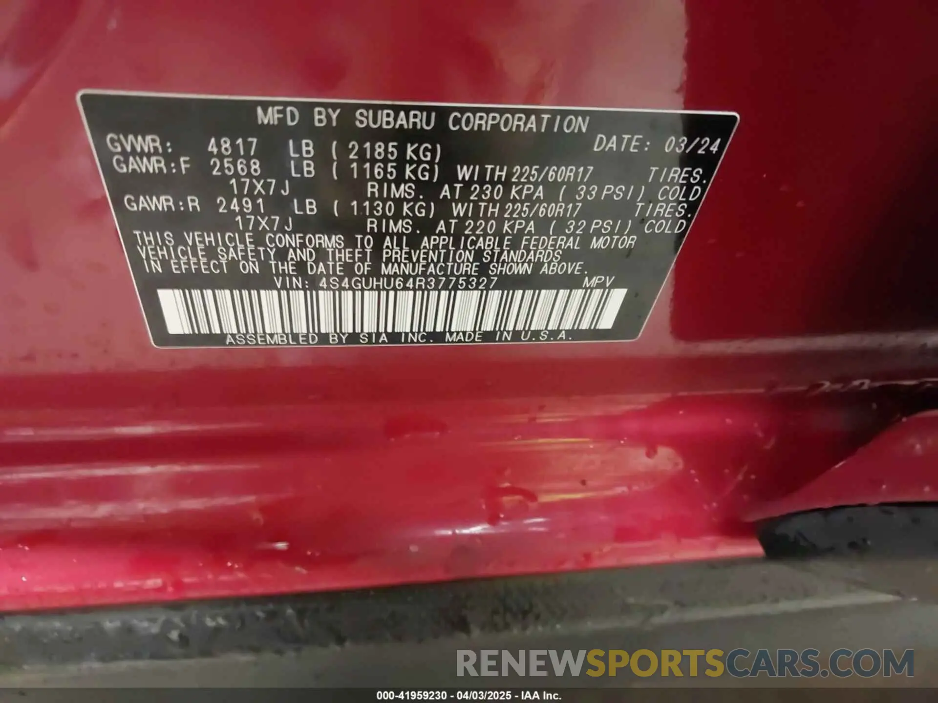 9 Photograph of a damaged car 4S4GUHU64R3775327 SUBARU CROSSTREK 2024