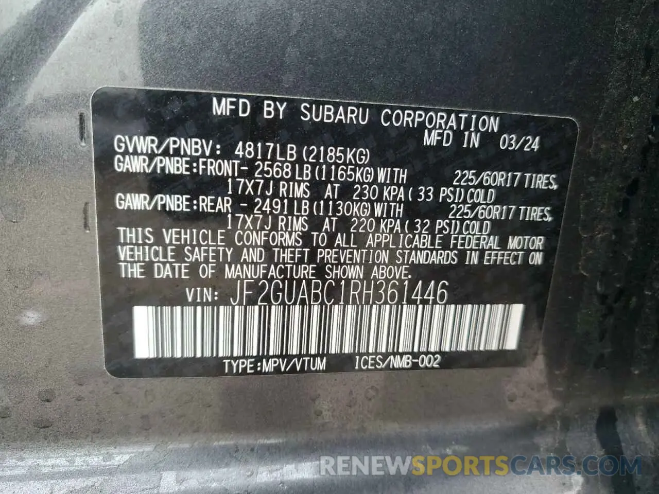 14 Photograph of a damaged car JF2GUABC1RH361446 SUBARU CROSSTREK 2024