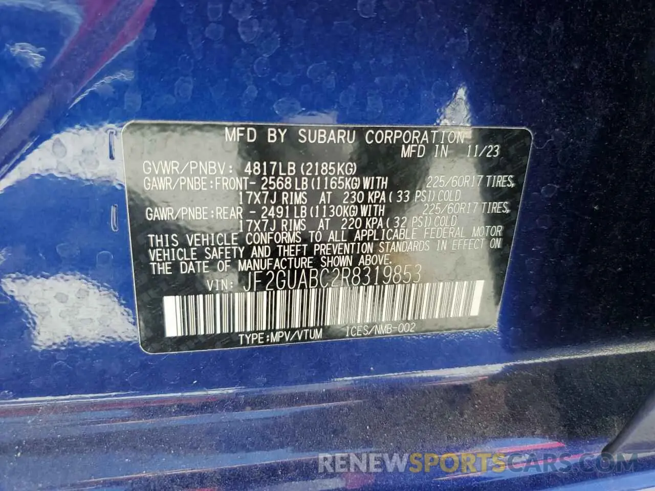 14 Photograph of a damaged car JF2GUABC2R8319853 SUBARU CROSSTREK 2024