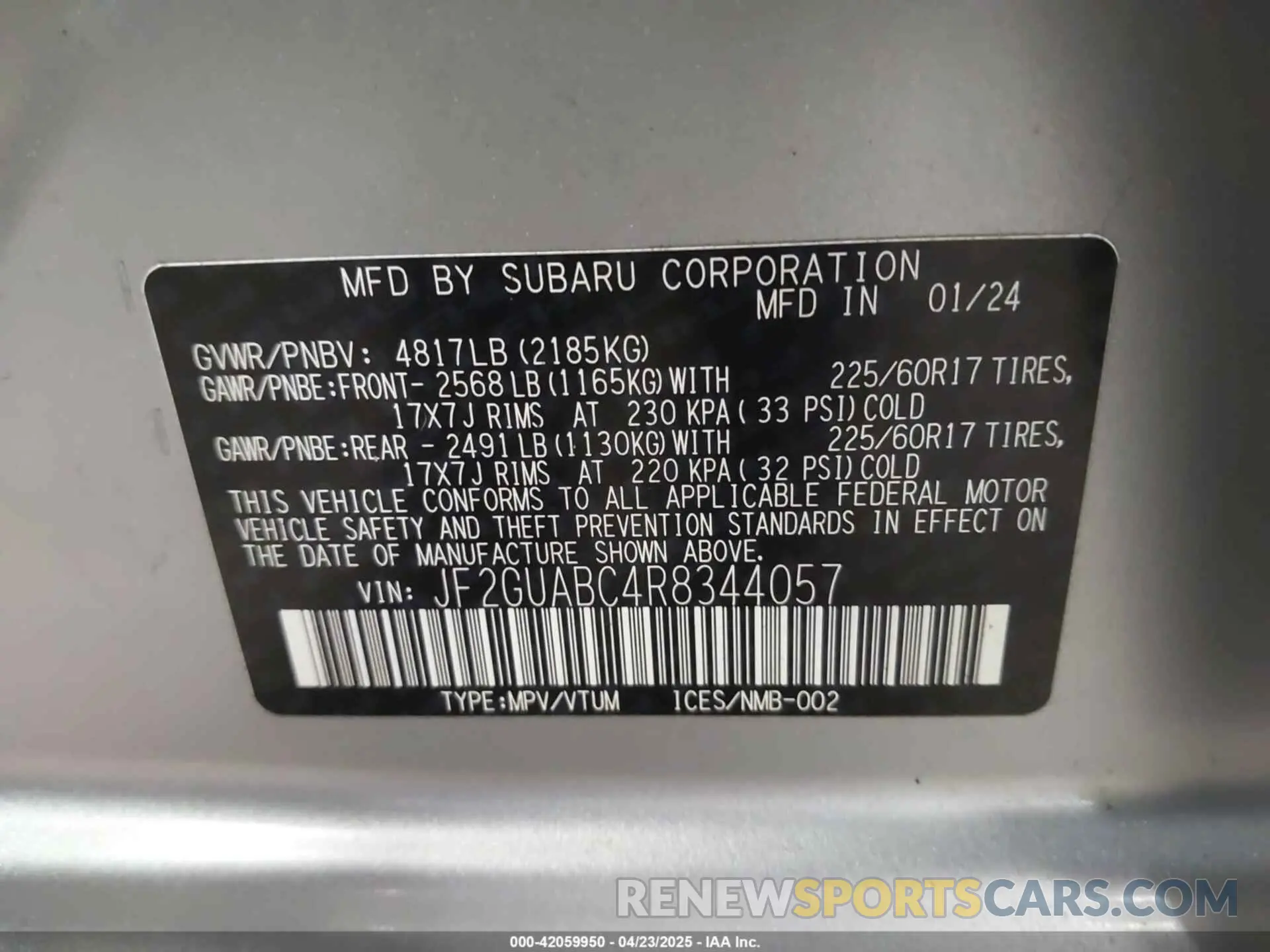 9 Photograph of a damaged car JF2GUABC4R8344057 SUBARU CROSSTREK 2024