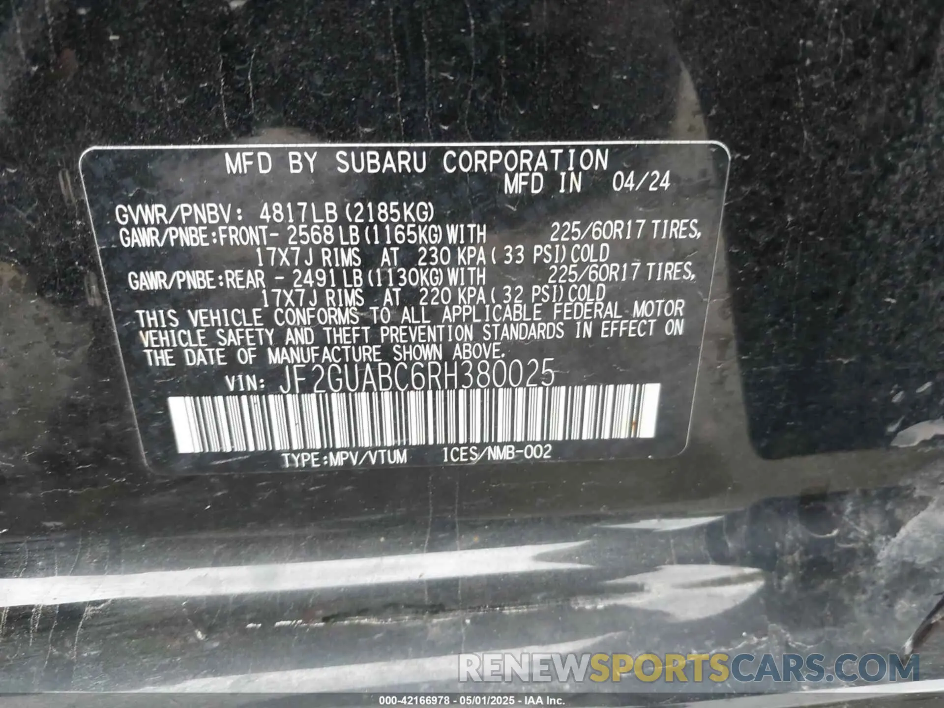 9 Photograph of a damaged car JF2GUABC6RH380025 SUBARU CROSSTREK 2024