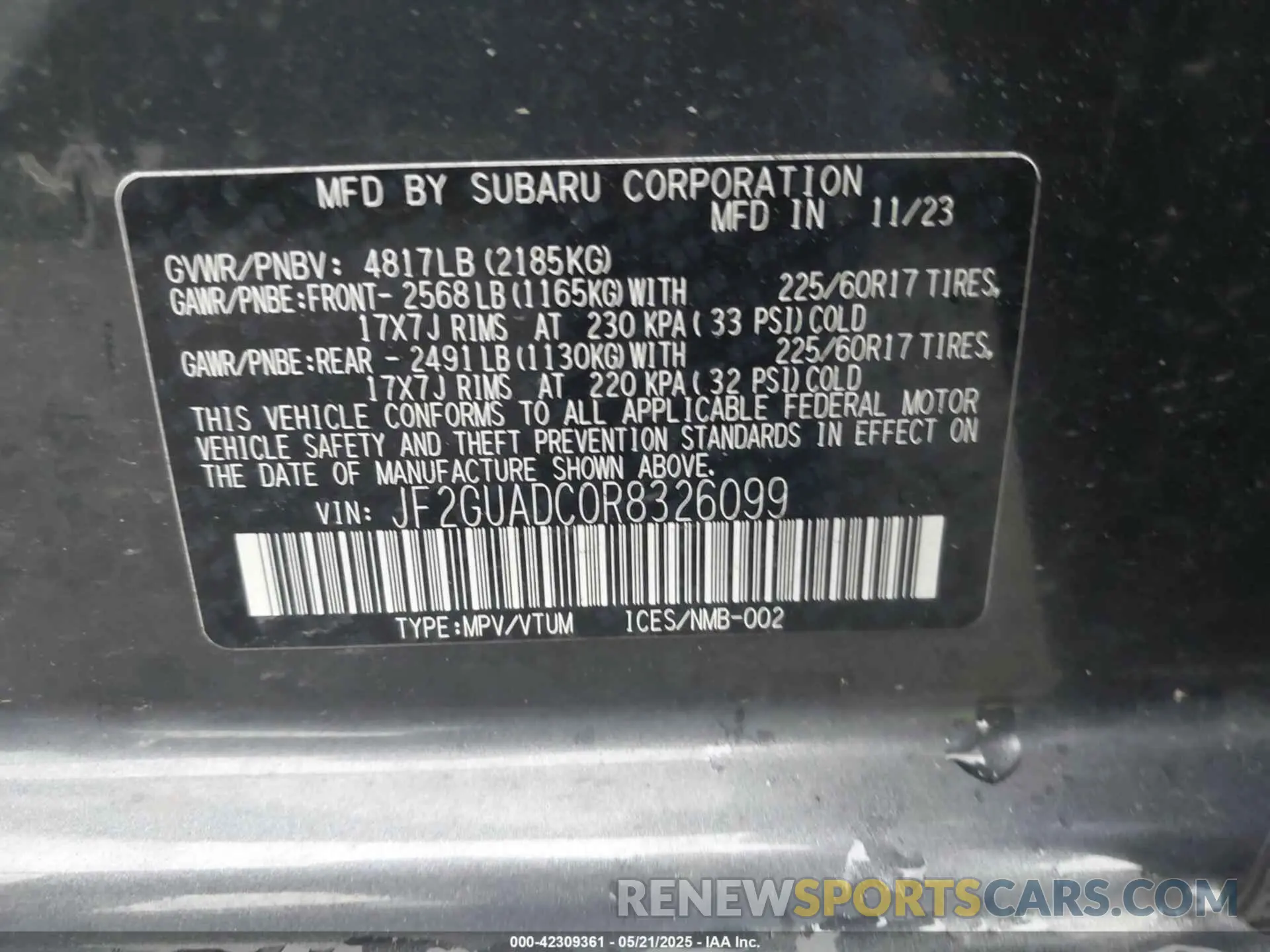 9 Photograph of a damaged car JF2GUADC0R8326099 SUBARU CROSSTREK 2024
