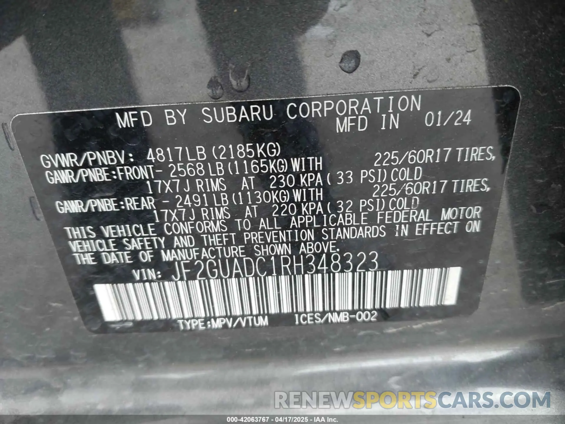 9 Photograph of a damaged car JF2GUADC1RH348323 SUBARU CROSSTREK 2024