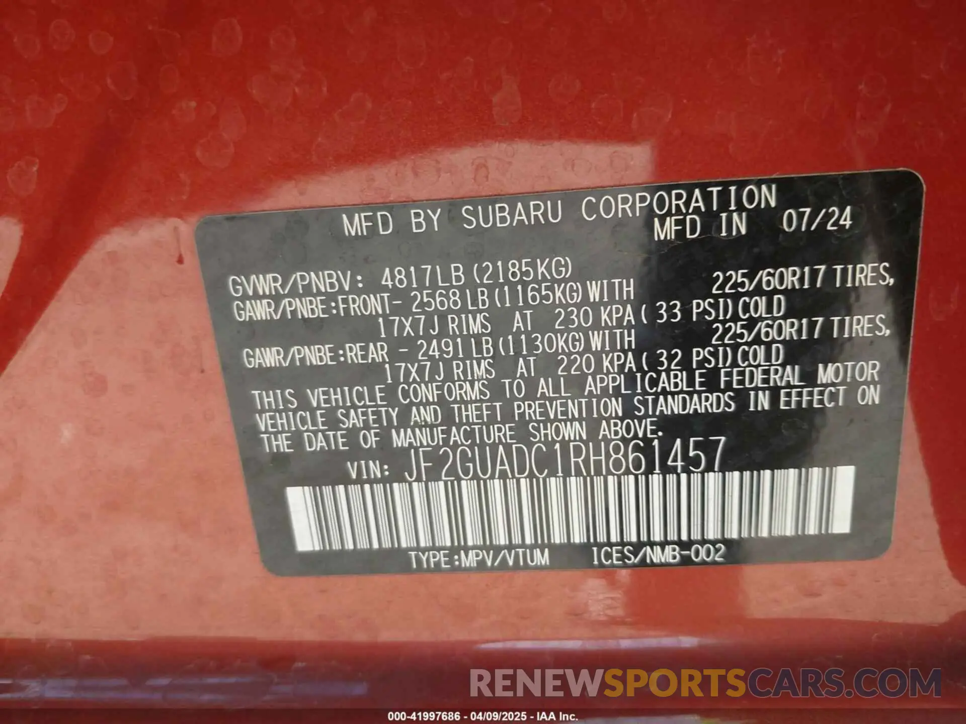 9 Photograph of a damaged car JF2GUADC1RH861457 SUBARU CROSSTREK 2024