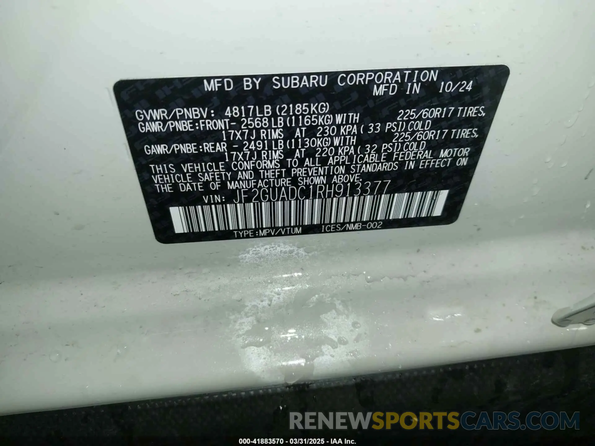 9 Photograph of a damaged car JF2GUADC1RH913377 SUBARU CROSSTREK 2024