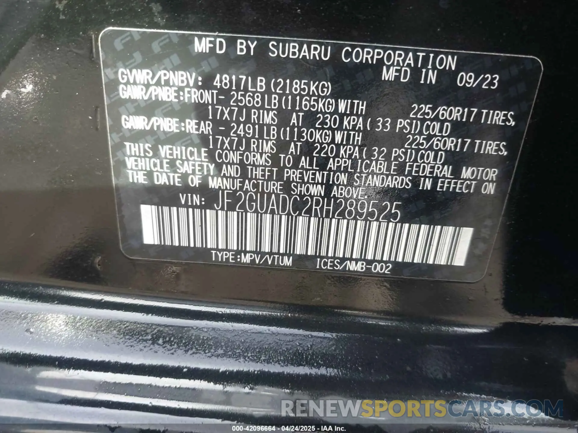 9 Photograph of a damaged car JF2GUADC2RH289525 SUBARU CROSSTREK 2024