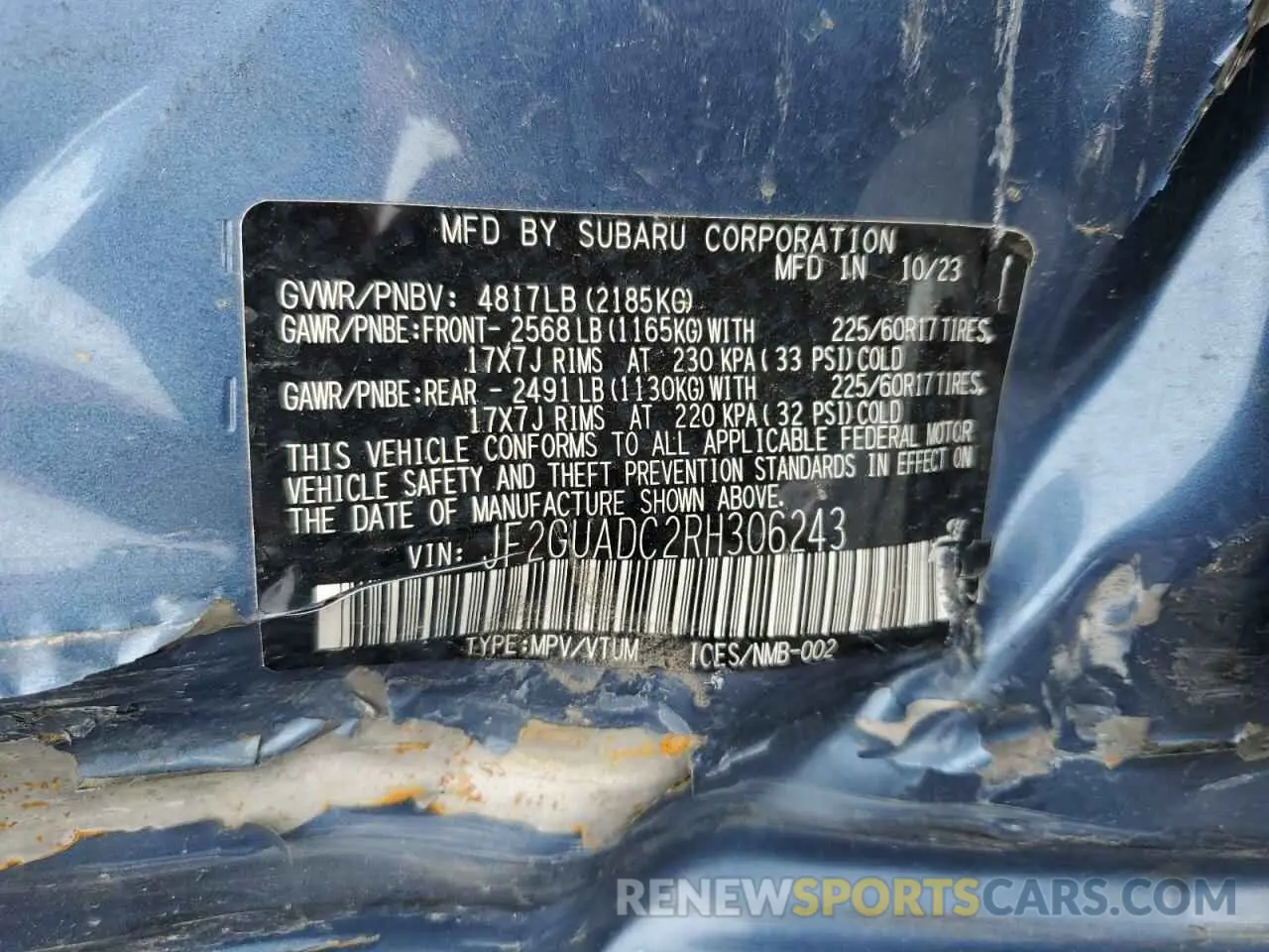 13 Photograph of a damaged car JF2GUADC2RH306243 SUBARU CROSSTREK 2024