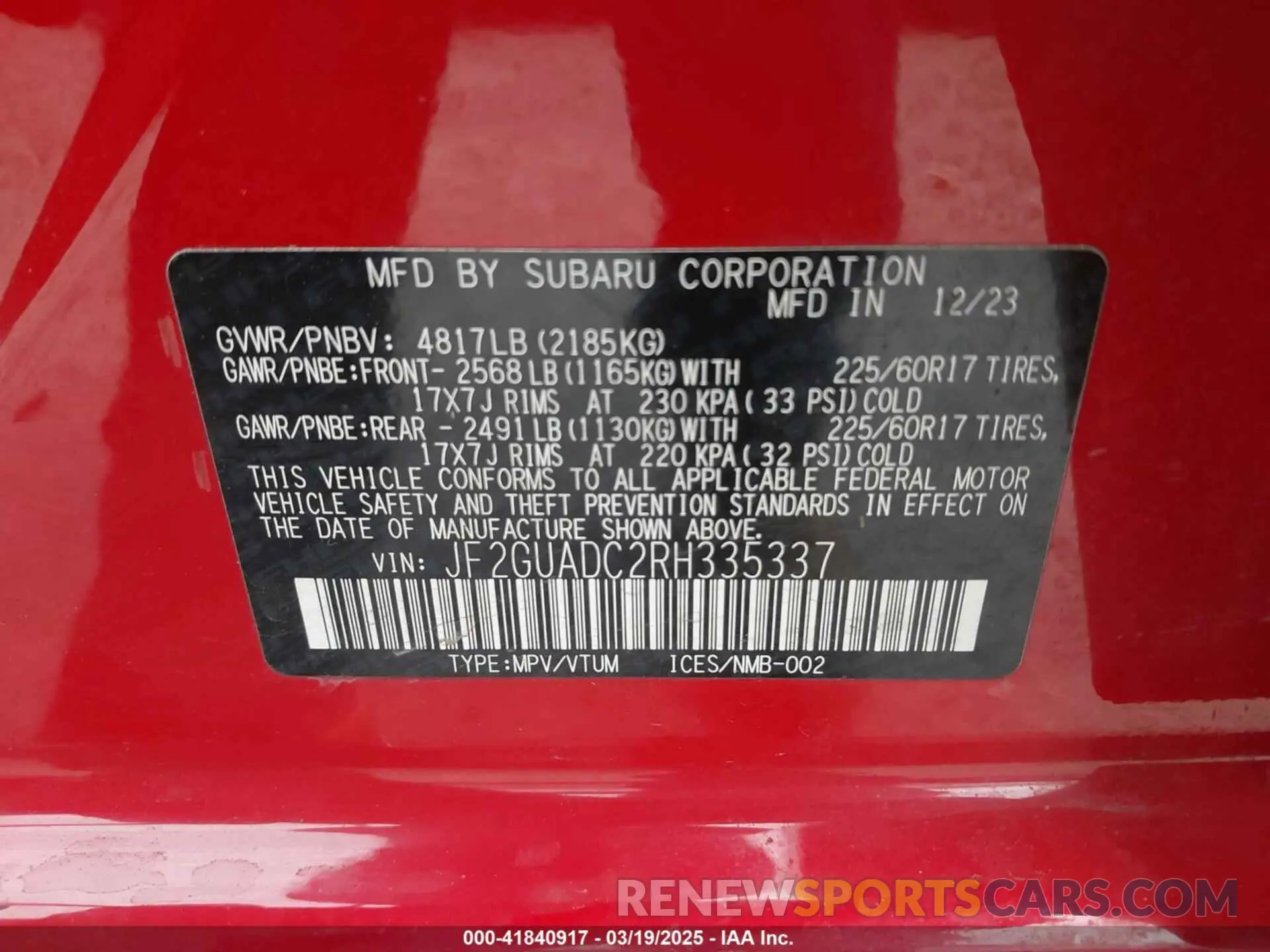9 Photograph of a damaged car JF2GUADC2RH335337 SUBARU CROSSTREK 2024