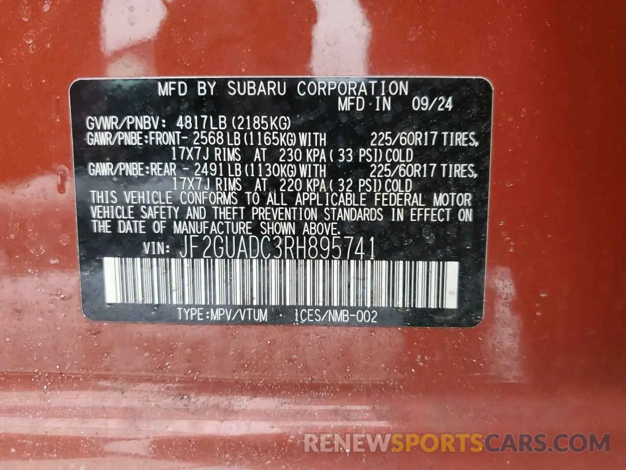 13 Photograph of a damaged car JF2GUADC3RH895741 SUBARU CROSSTREK 2024
