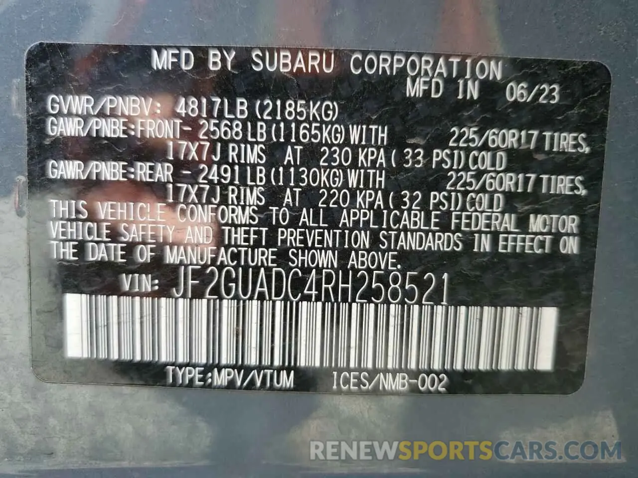 12 Photograph of a damaged car JF2GUADC4RH258521 SUBARU CROSSTREK 2024