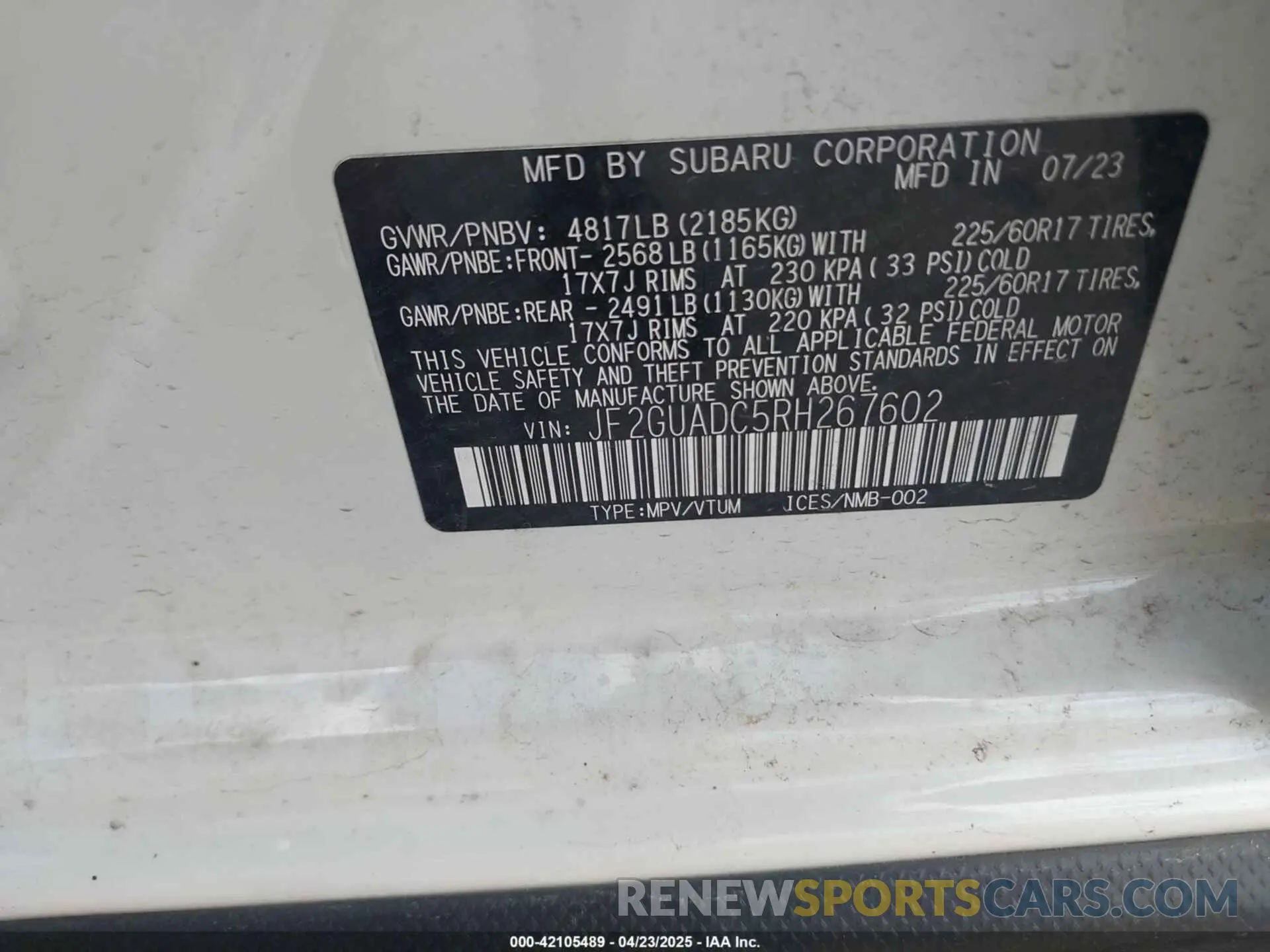 9 Photograph of a damaged car JF2GUADC5RH267602 SUBARU CROSSTREK 2024