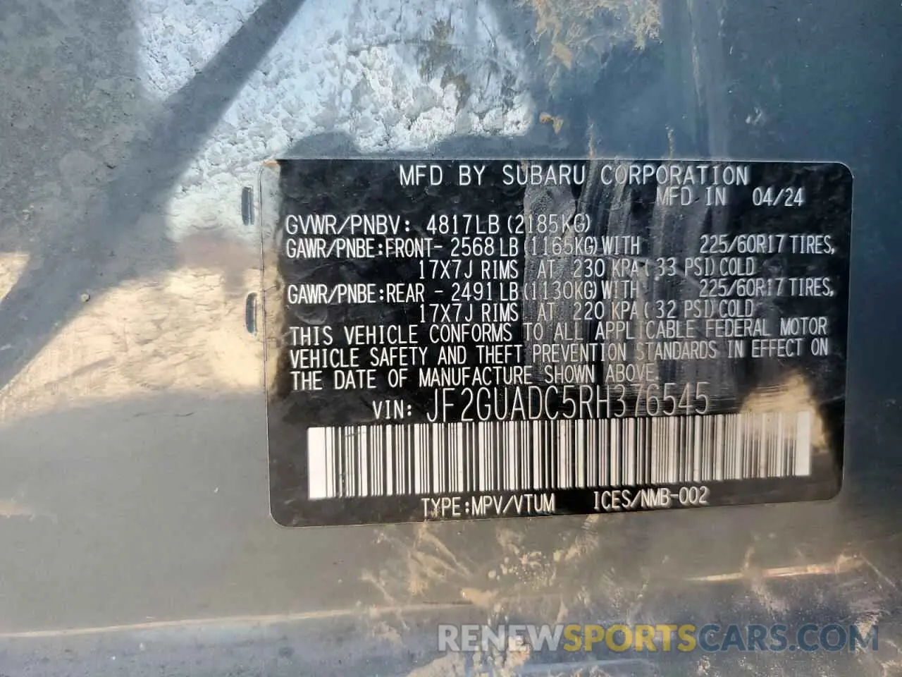 15 Photograph of a damaged car JF2GUADC5RH376545 SUBARU CROSSTREK 2024