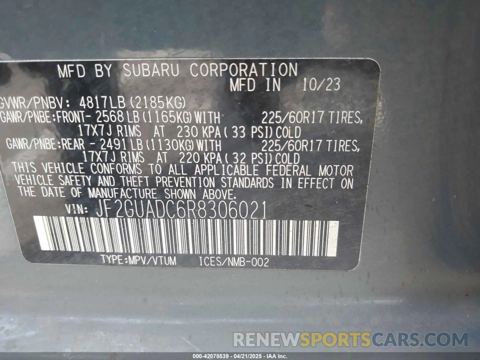 9 Photograph of a damaged car JF2GUADC6R8306021 SUBARU CROSSTREK 2024