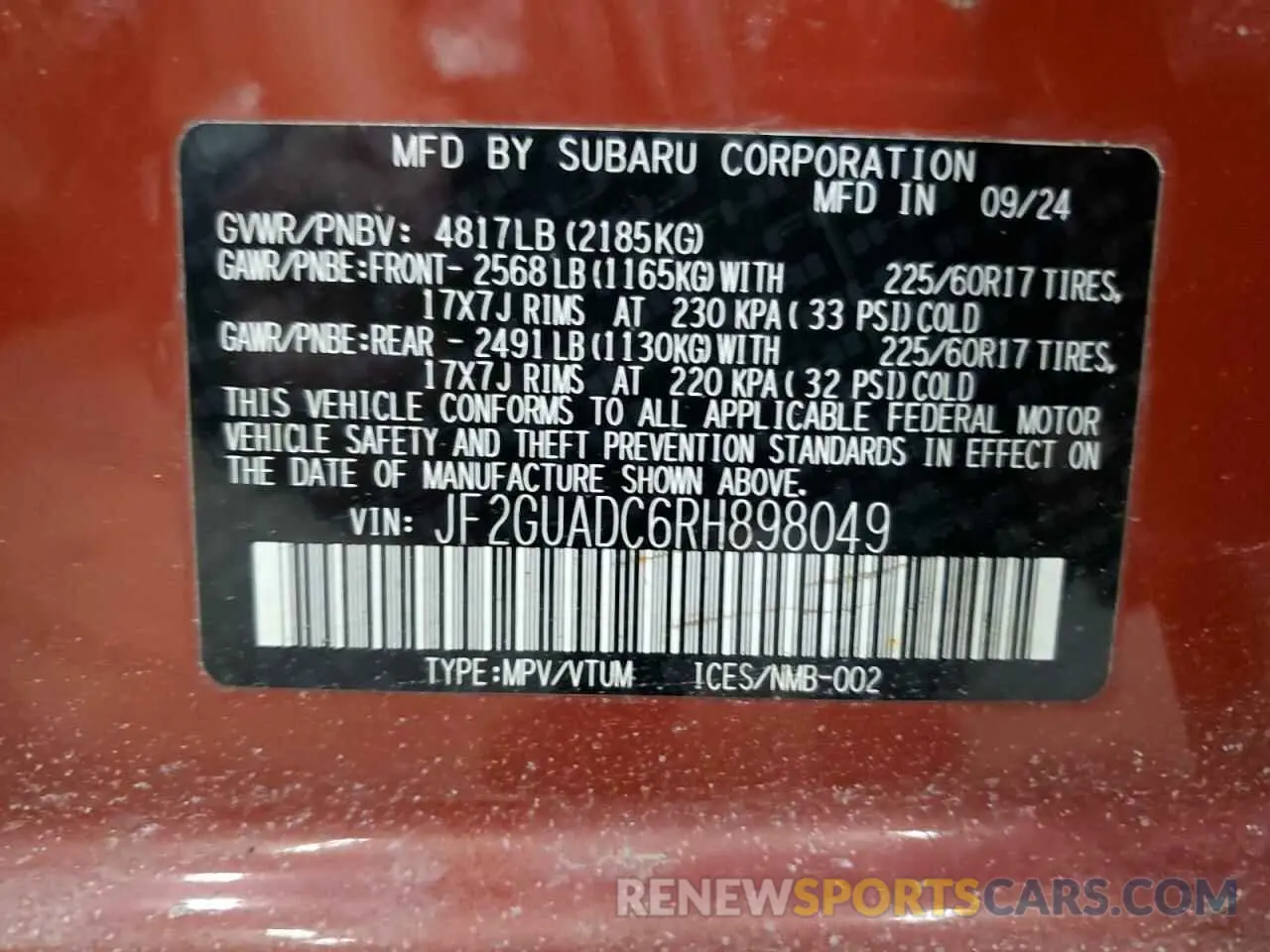 14 Photograph of a damaged car JF2GUADC6RH898049 SUBARU CROSSTREK 2024