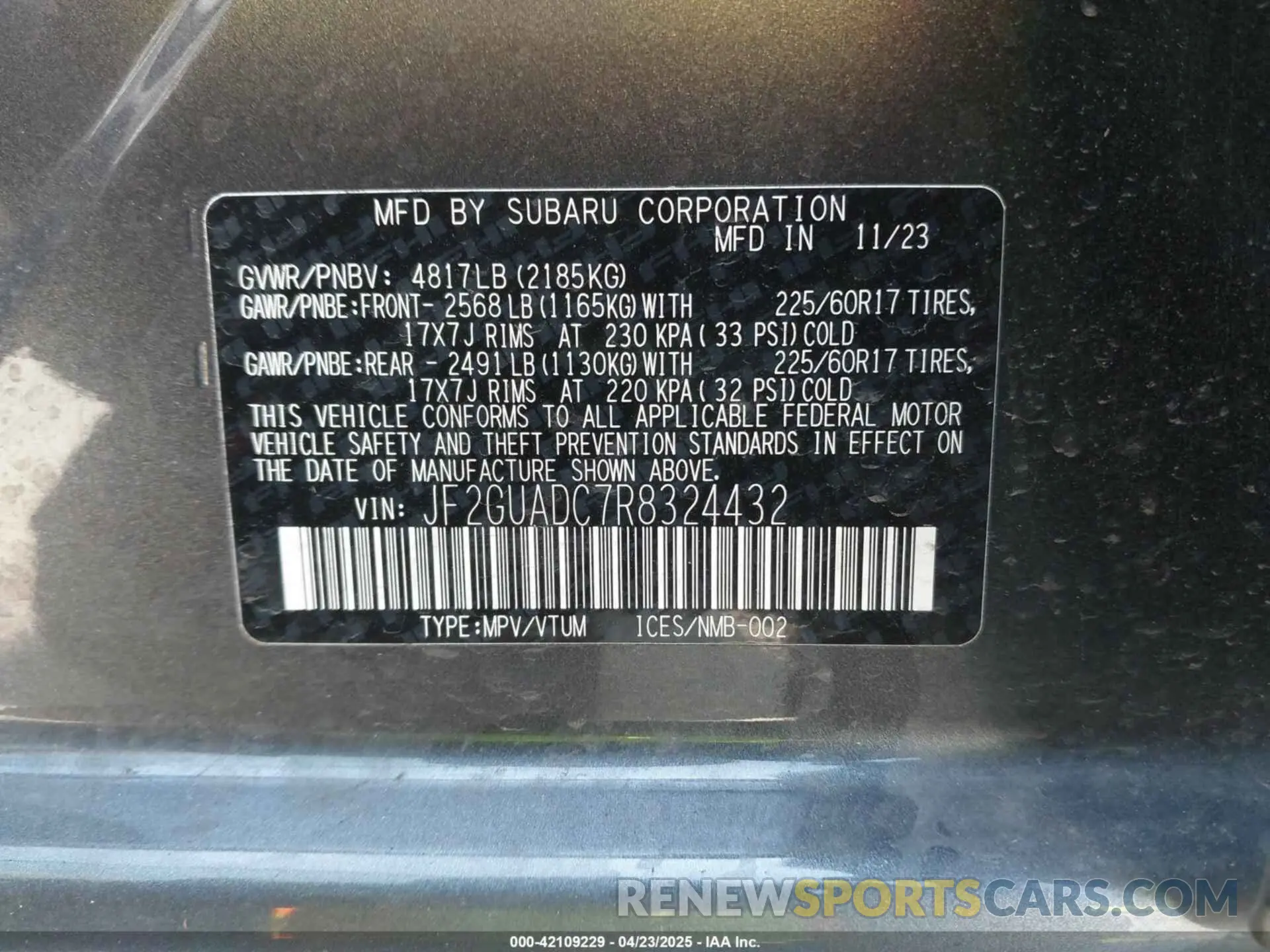 9 Photograph of a damaged car JF2GUADC7R8324432 SUBARU CROSSTREK 2024