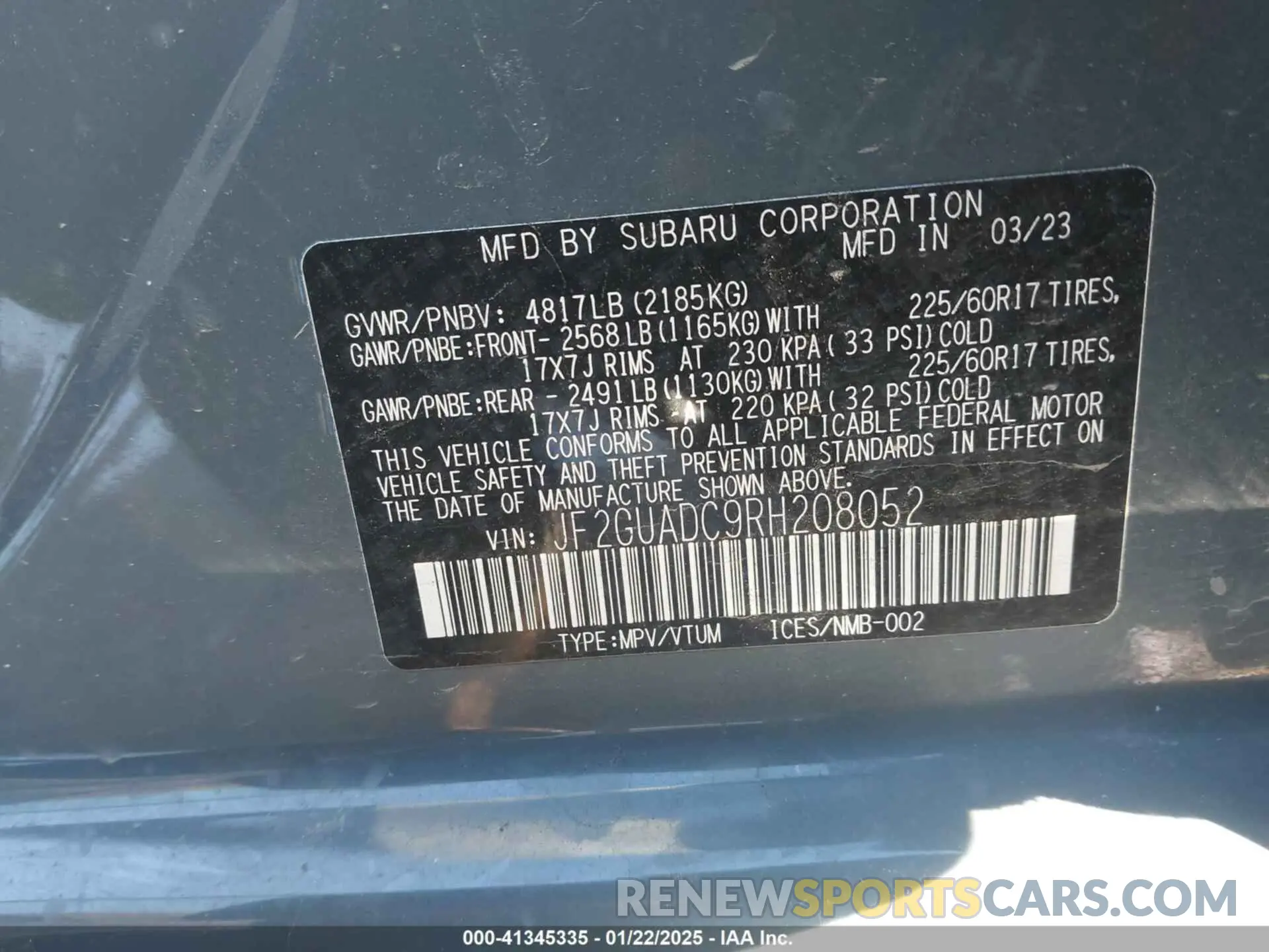 9 Photograph of a damaged car JF2GUADC9RH208052 SUBARU CROSSTREK 2024