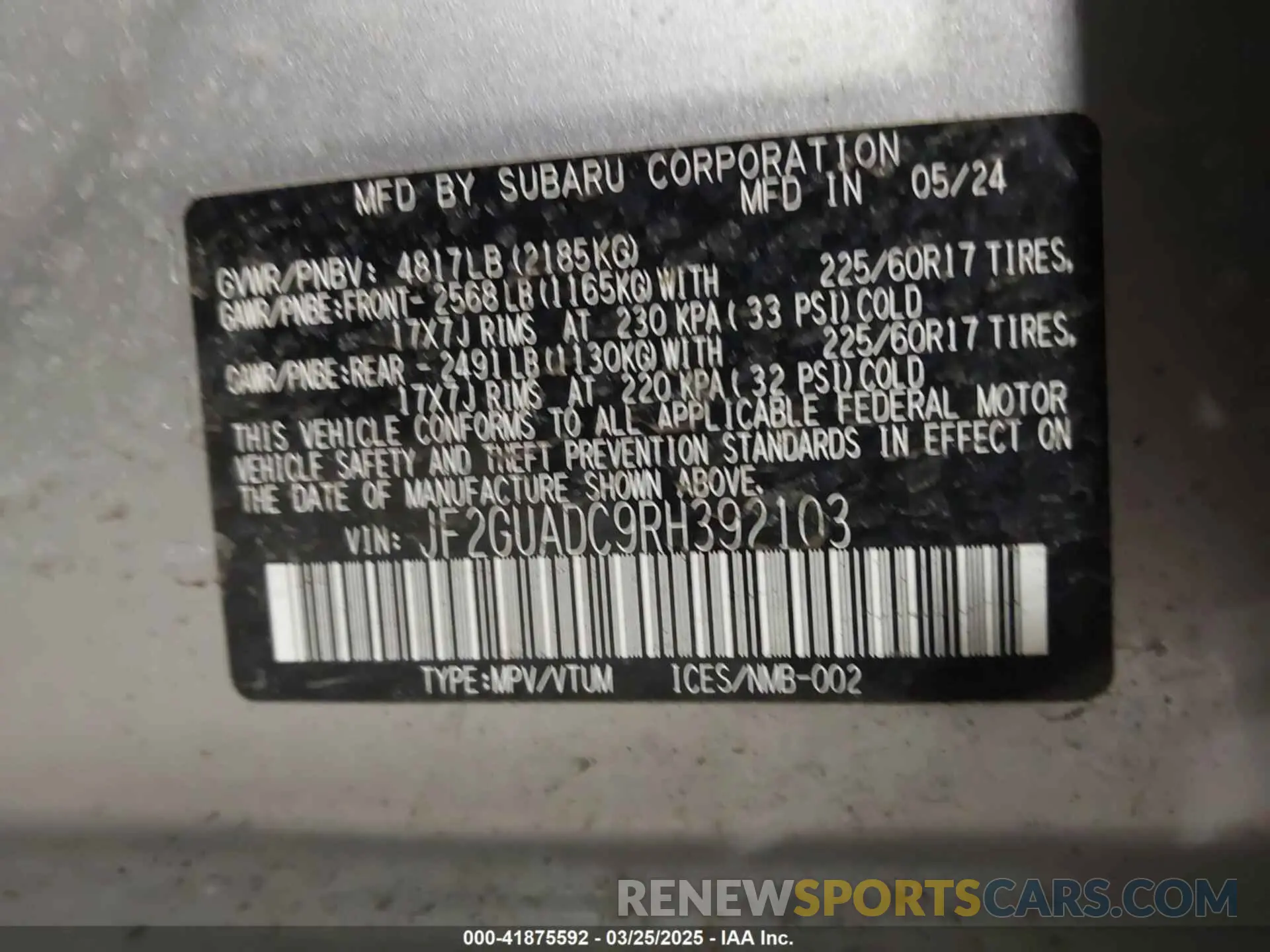 9 Photograph of a damaged car JF2GUADC9RH392103 SUBARU CROSSTREK 2024
