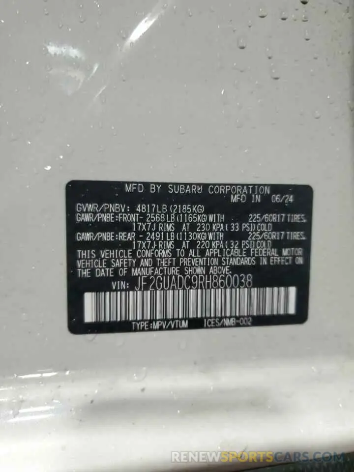 14 Photograph of a damaged car JF2GUADC9RH860038 SUBARU CROSSTREK 2024