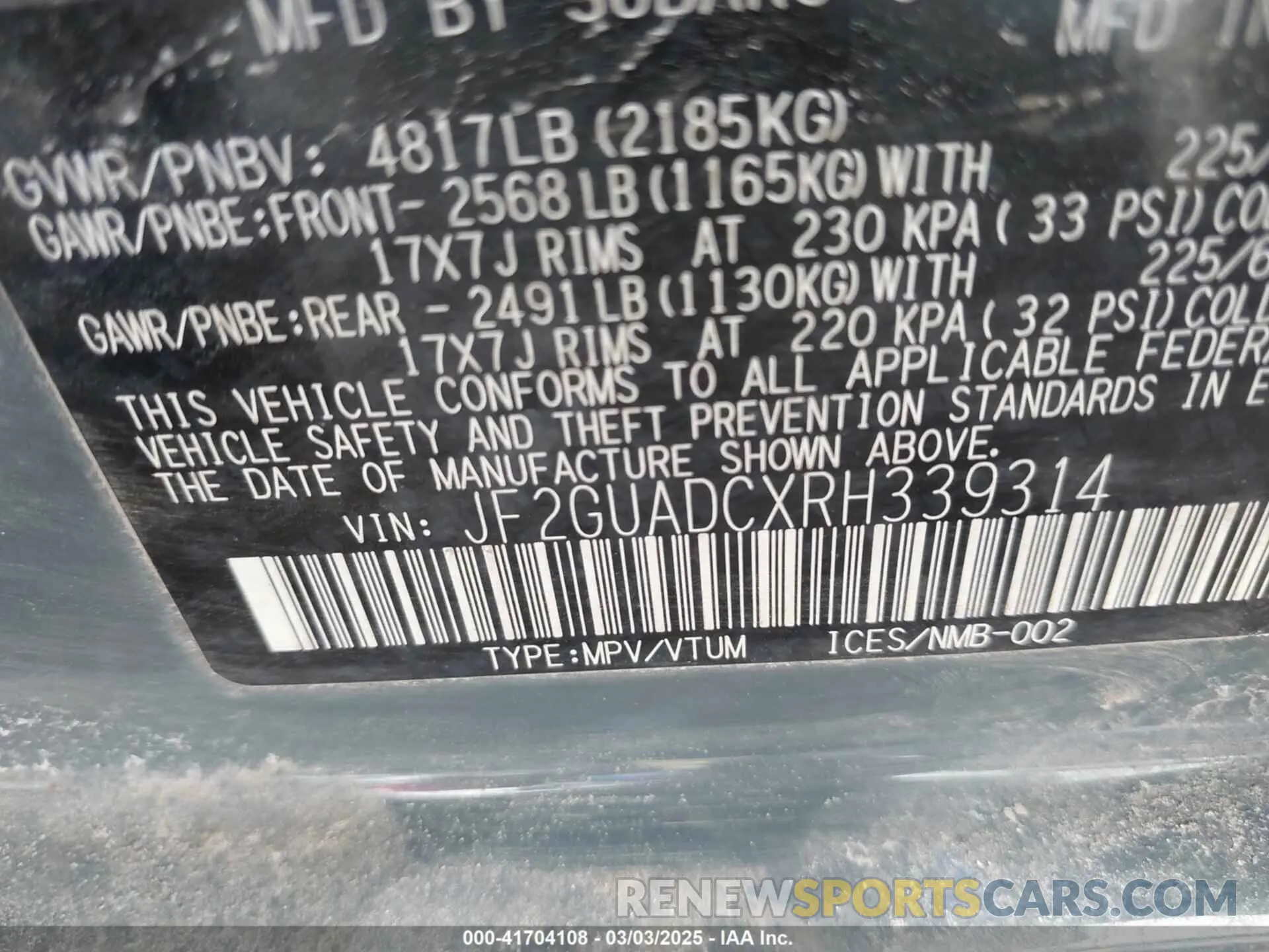 9 Photograph of a damaged car JF2GUADCXRH339314 SUBARU CROSSTREK 2024