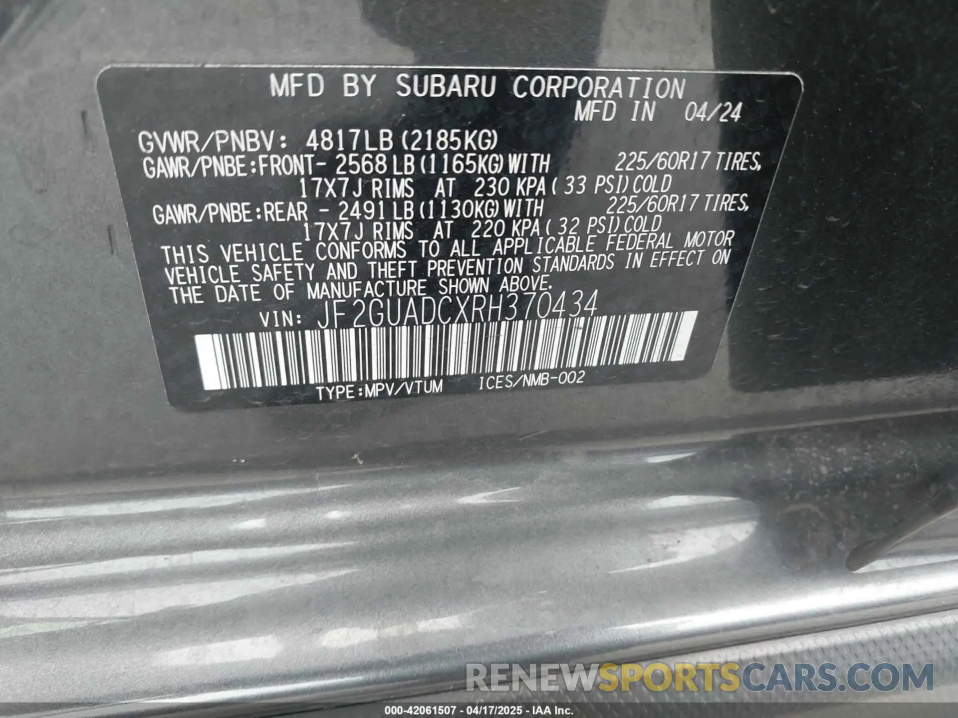 9 Photograph of a damaged car JF2GUADCXRH370434 SUBARU CROSSTREK 2024