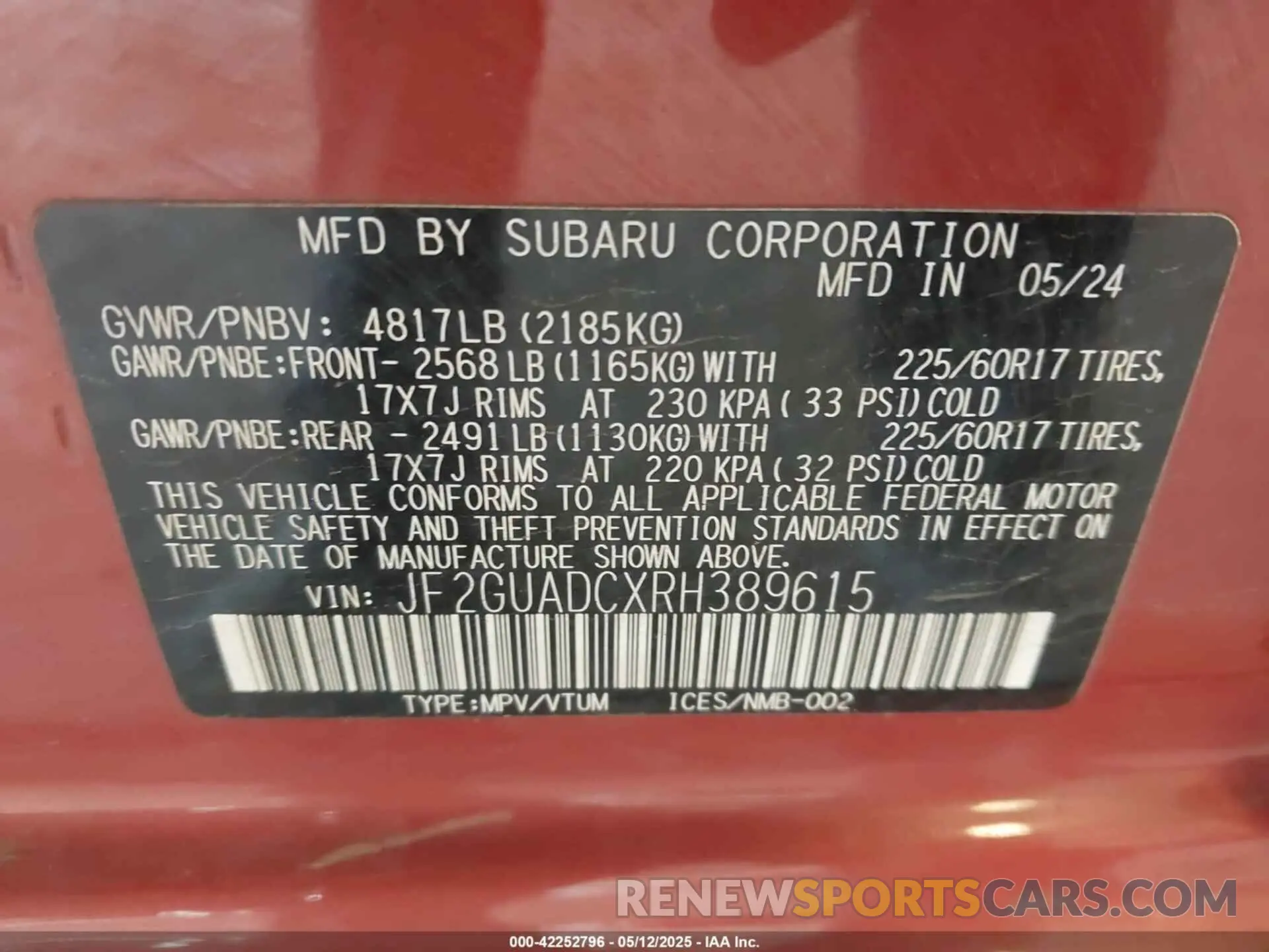9 Photograph of a damaged car JF2GUADCXRH389615 SUBARU CROSSTREK 2024