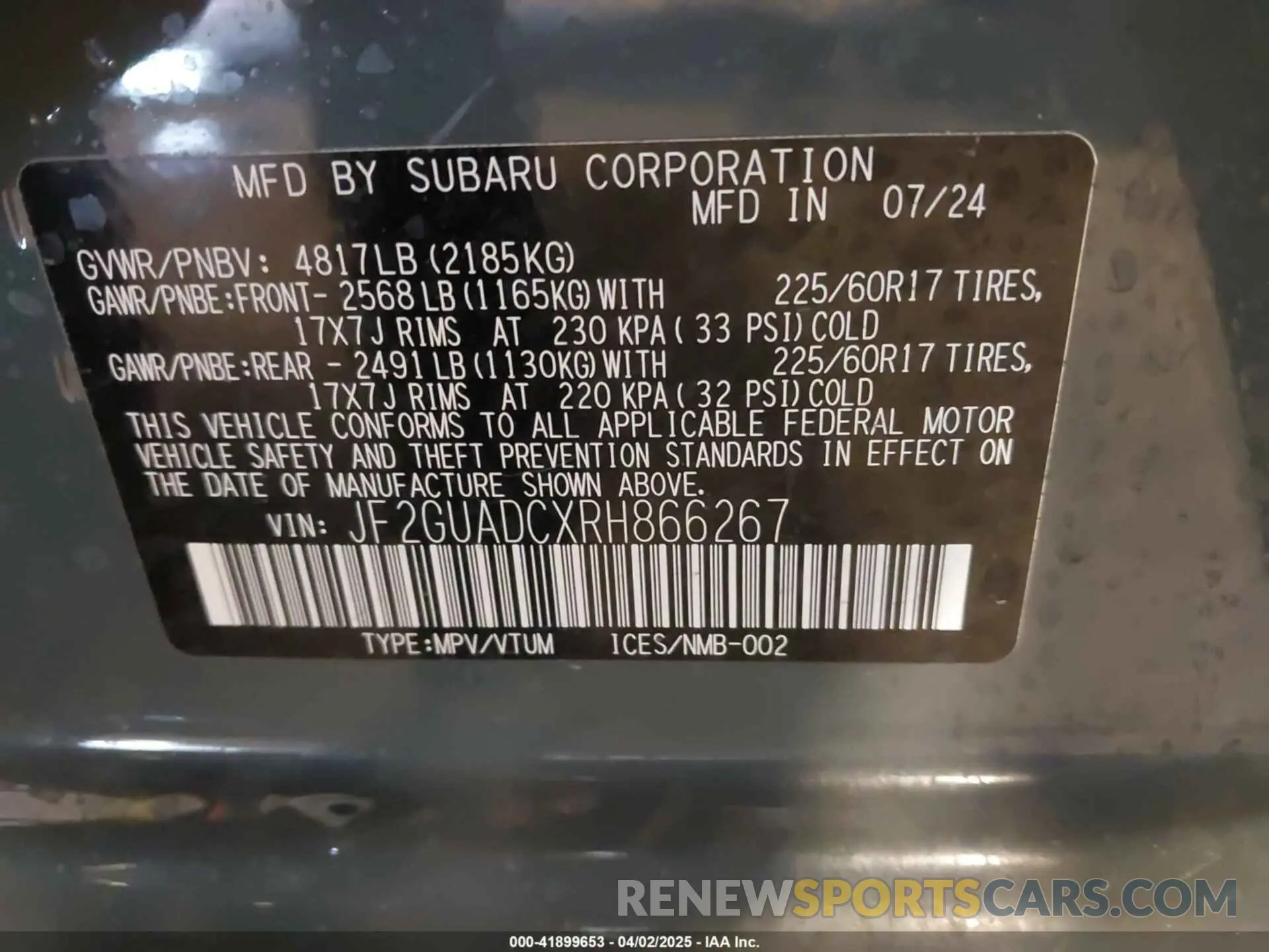 9 Photograph of a damaged car JF2GUADCXRH866267 SUBARU CROSSTREK 2024