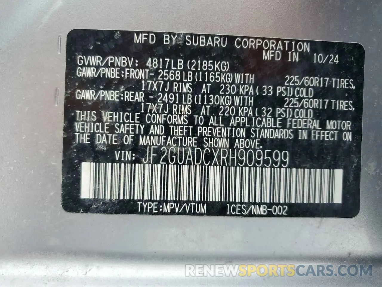 13 Photograph of a damaged car JF2GUADCXRH909599 SUBARU CROSSTREK 2024