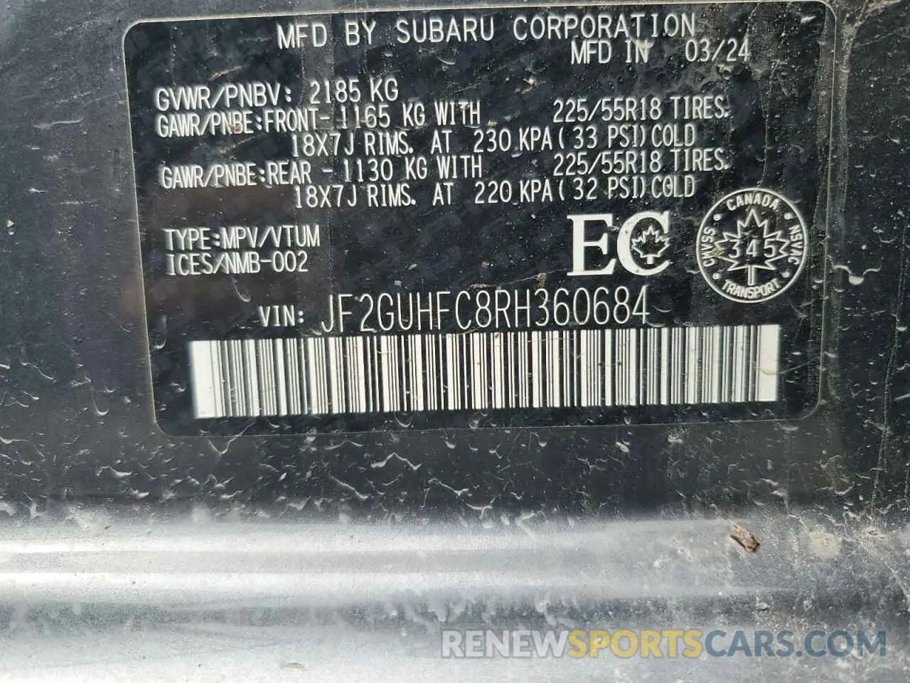 14 Photograph of a damaged car JF2GUHFC8RH360684 SUBARU CROSSTREK 2024