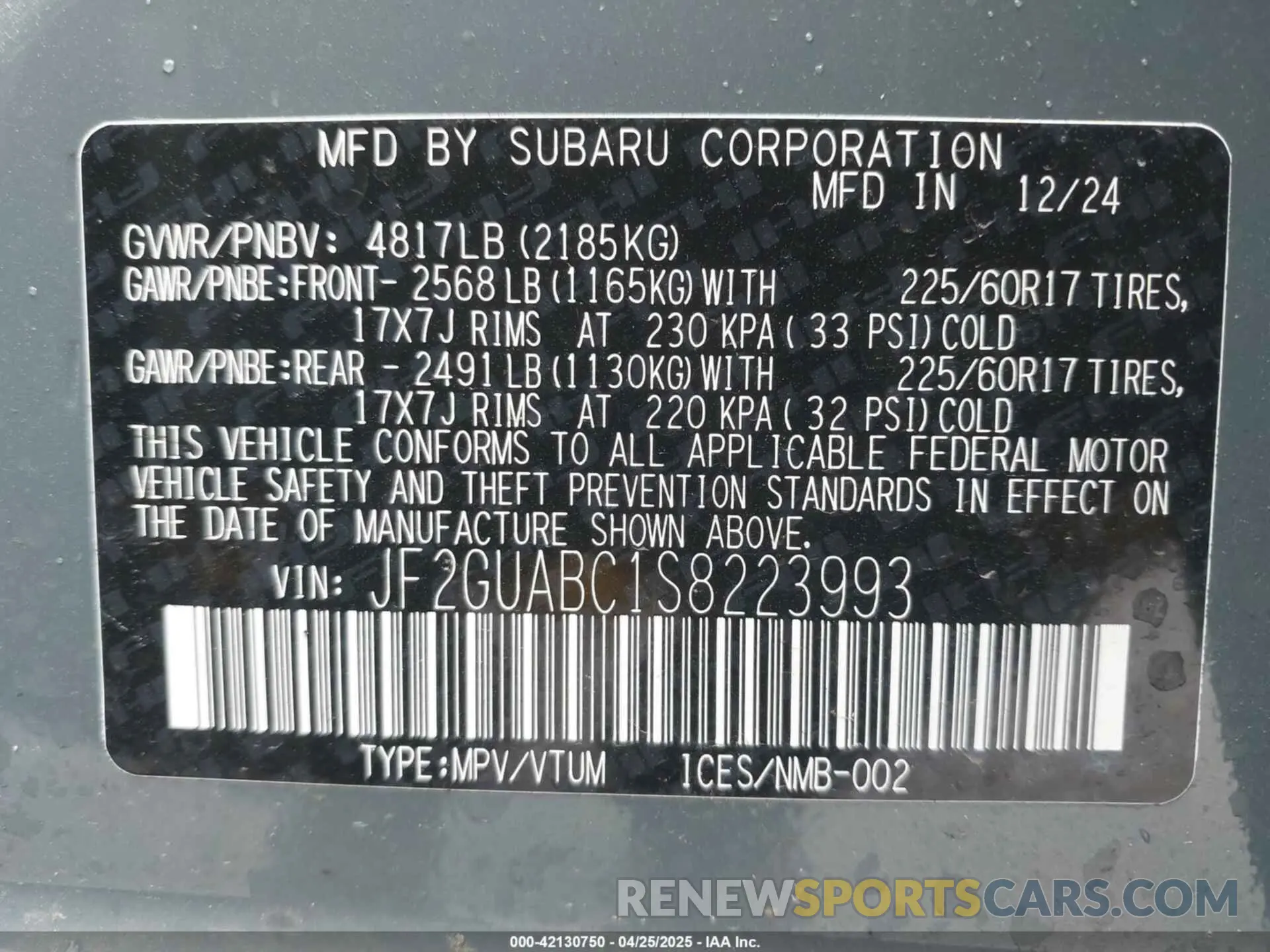 9 Photograph of a damaged car JF2GUABC1S8223993 SUBARU CROSSTREK 2025