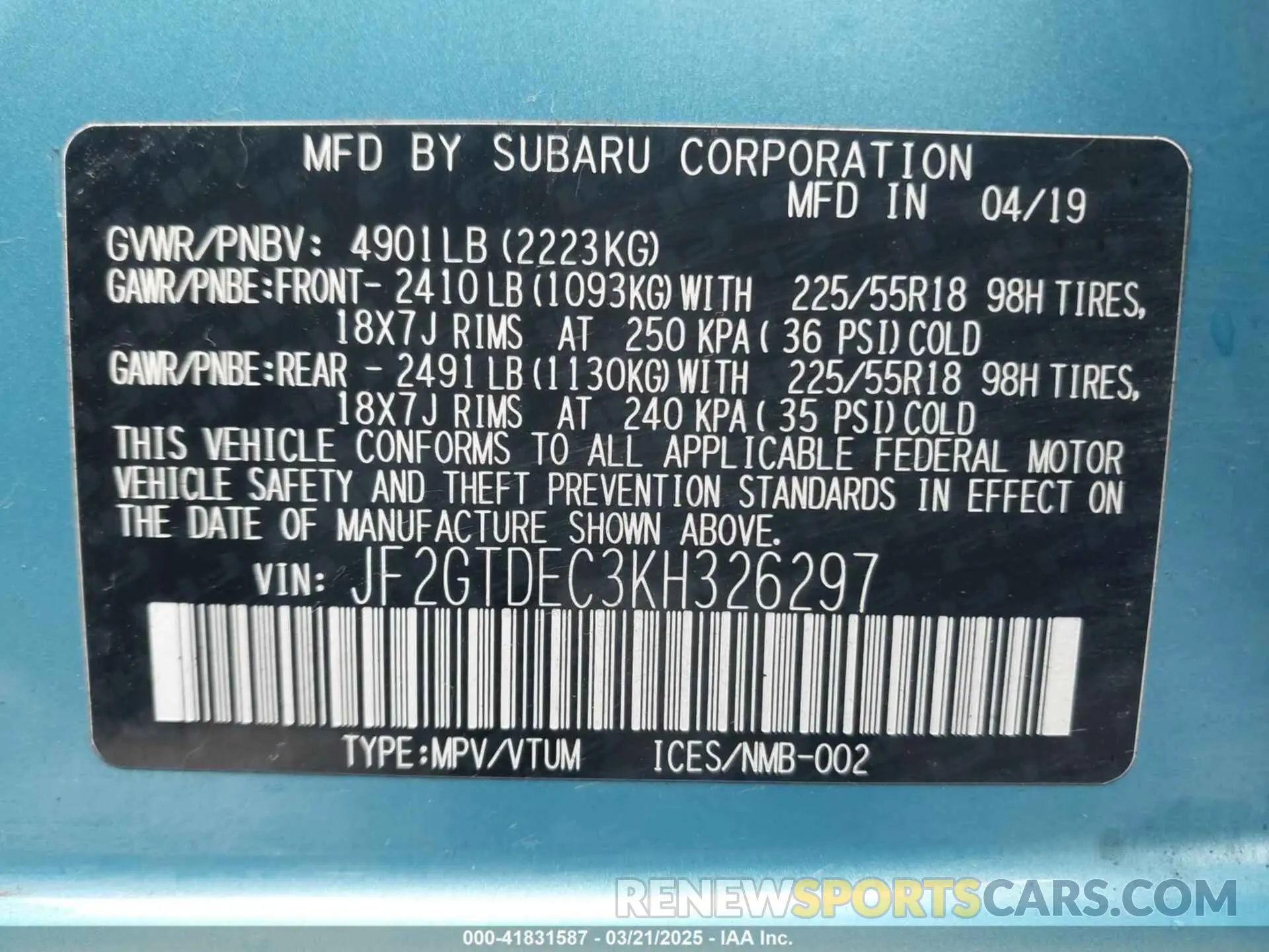9 Photograph of a damaged car JF2GTDEC3KH326297 SUBARU CROSSTREK HYBRID 2019