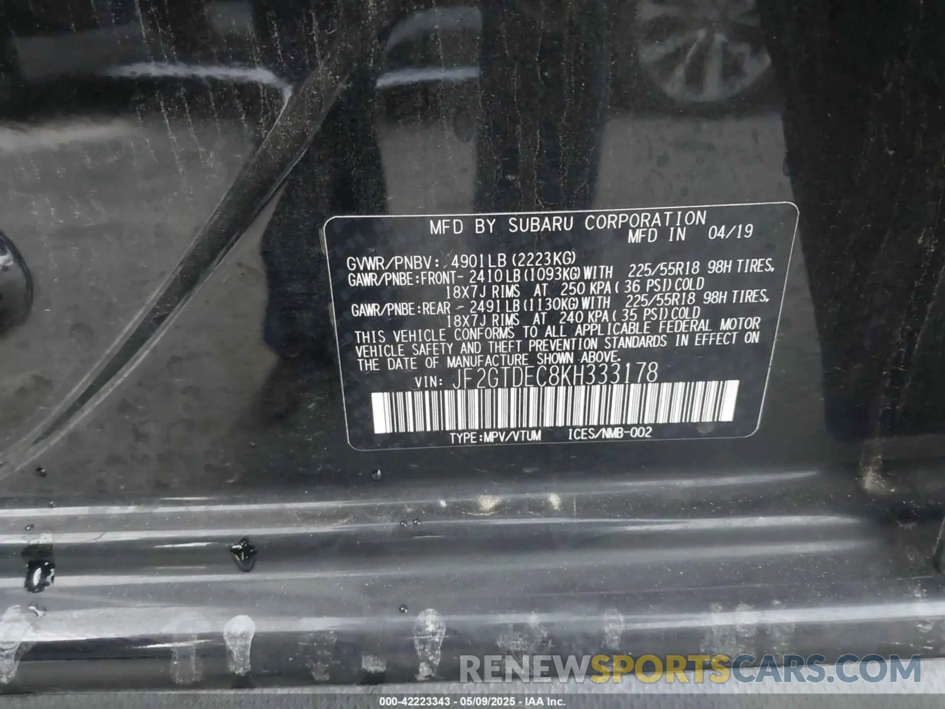 9 Photograph of a damaged car JF2GTDEC8KH333178 SUBARU CROSSTREK HYBRID 2019