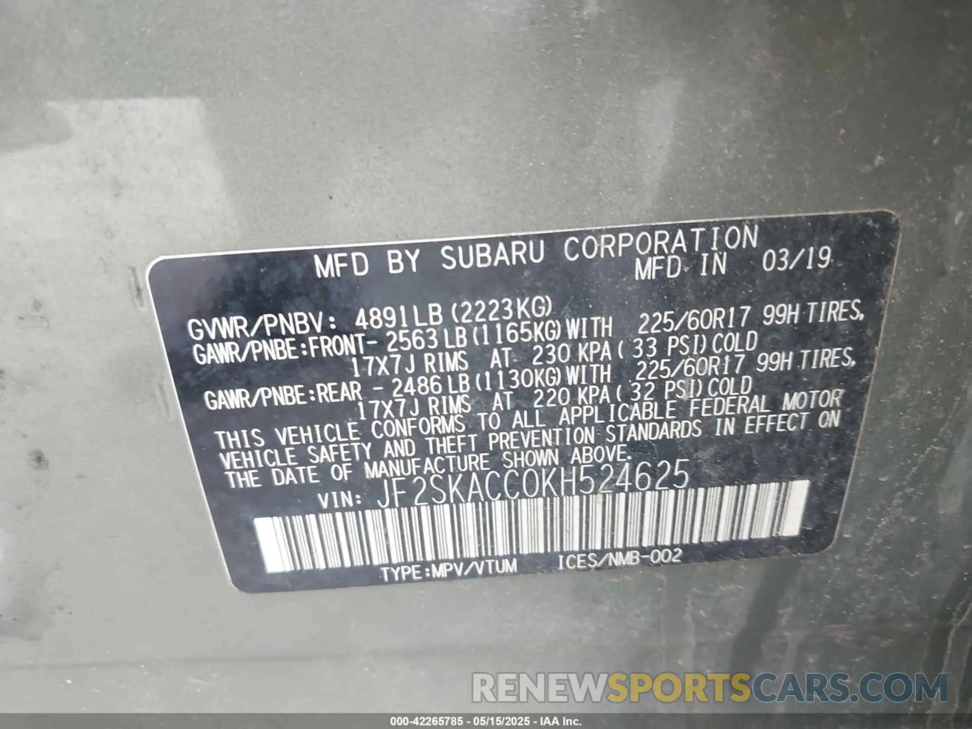 9 Photograph of a damaged car JF2SKACC0KH524625 SUBARU FORESTER 2019