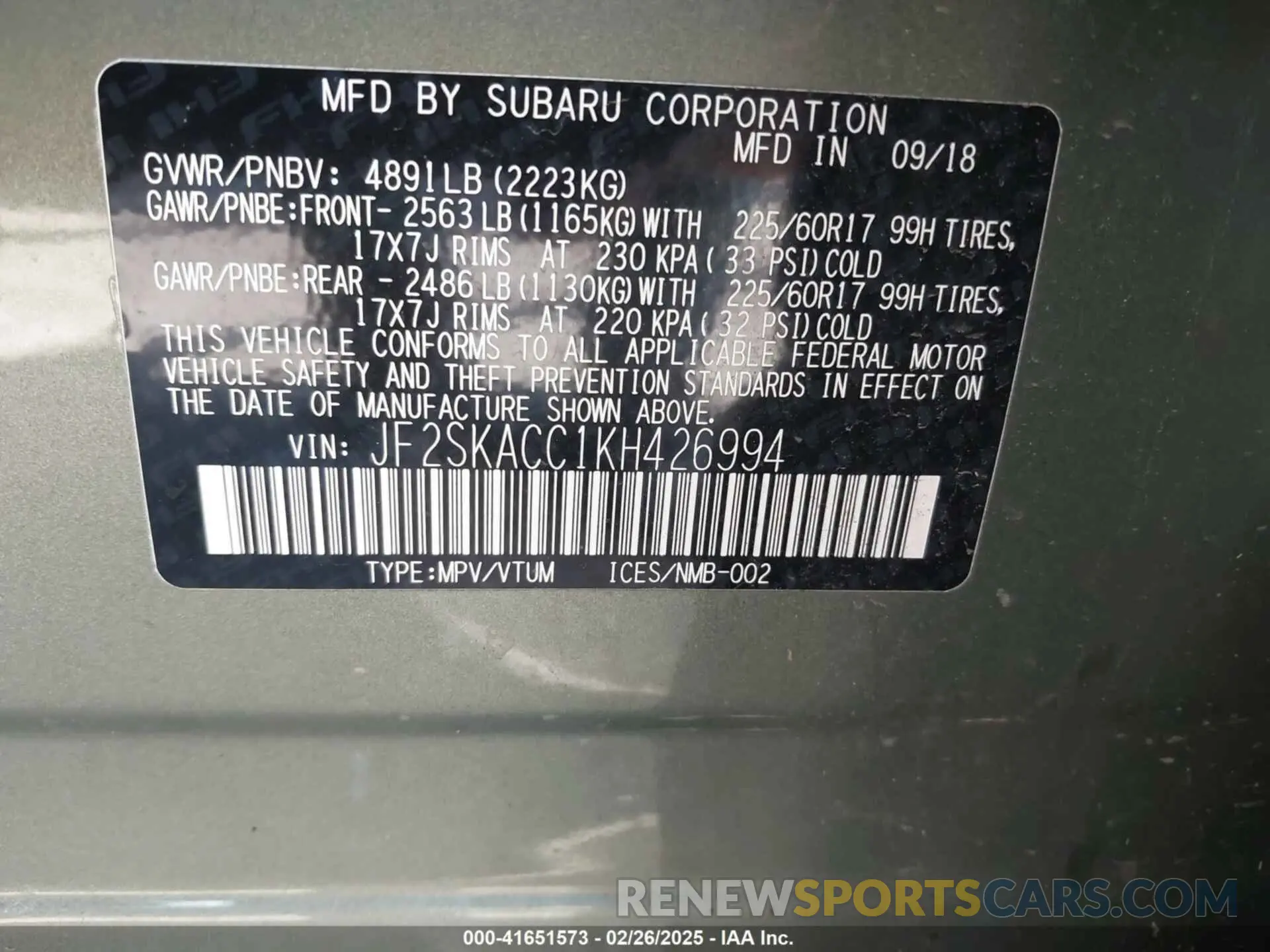 9 Photograph of a damaged car JF2SKACC1KH426994 SUBARU FORESTER 2019